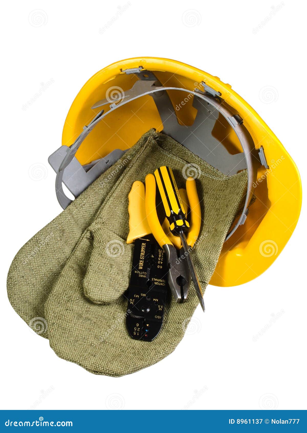 Casco giallo, guanti, strumento per lavoro