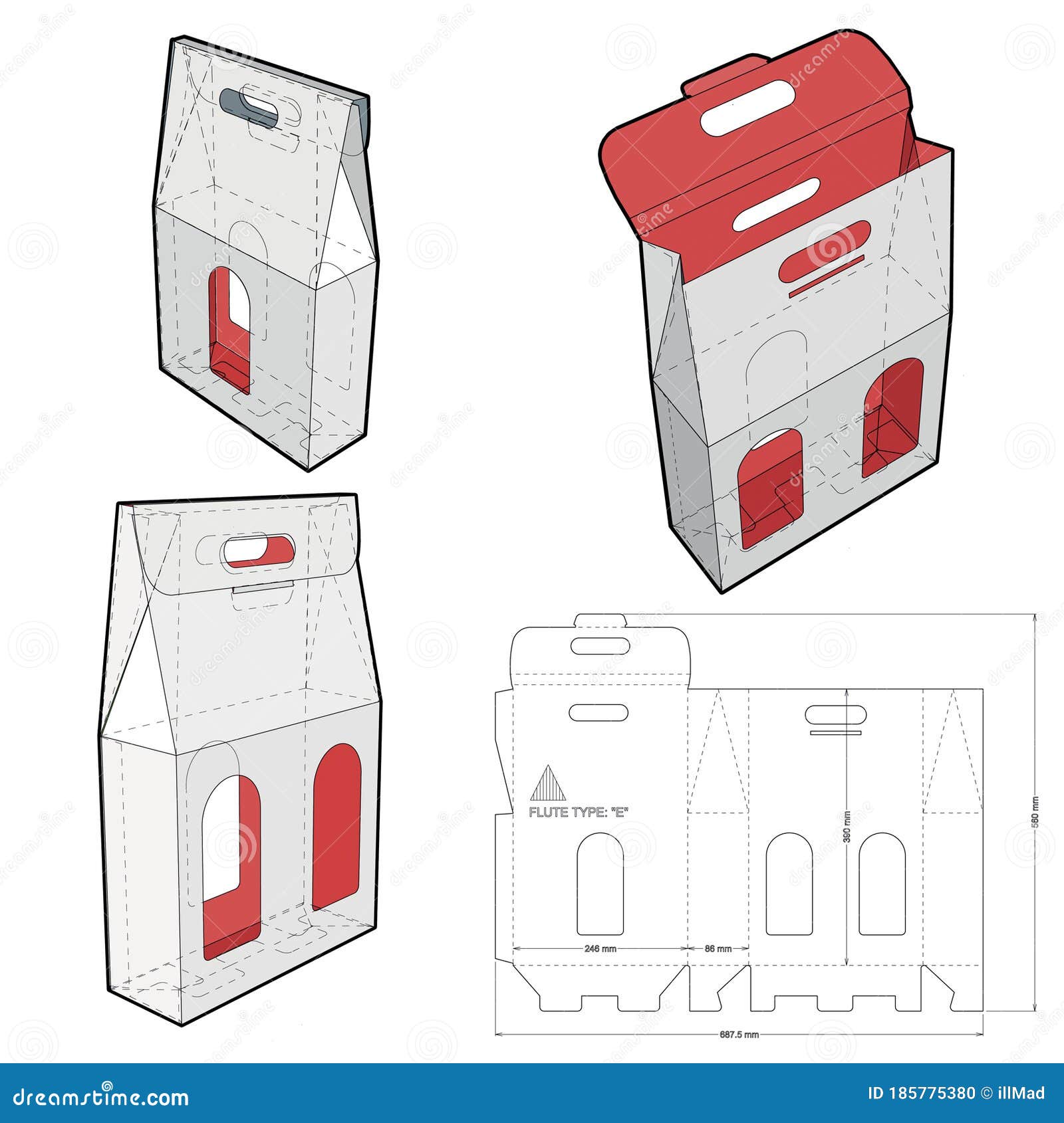 Case Three Bottles with Peak Close and Diecut Pattern. Stock Vector