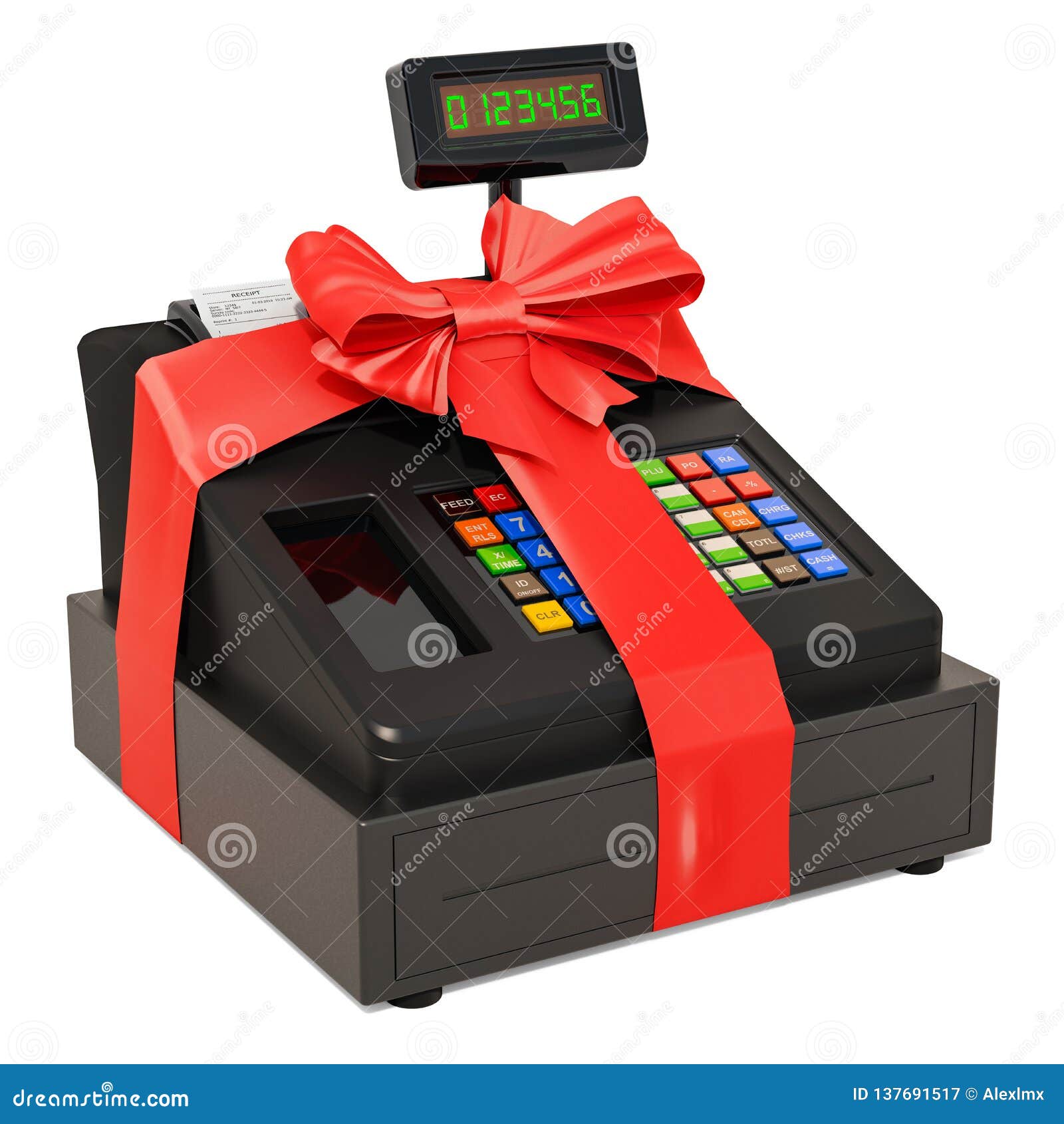 Cash Register with Bow and Ribbon, Gift Concept. 3D Rendering Stock