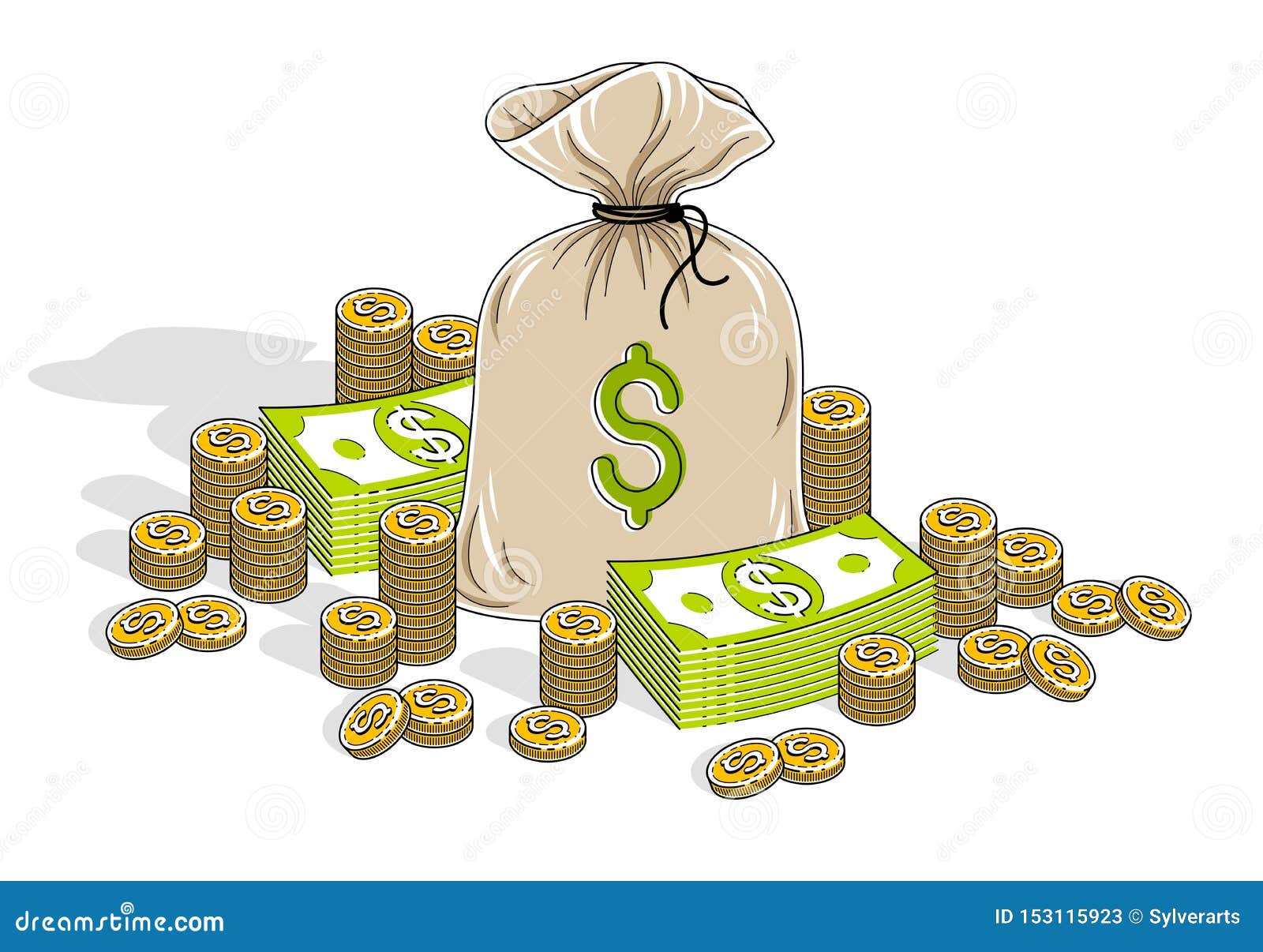 cash riches and wealth, money bag with dollar stacks and coins cents piles  on white background. isometric  business