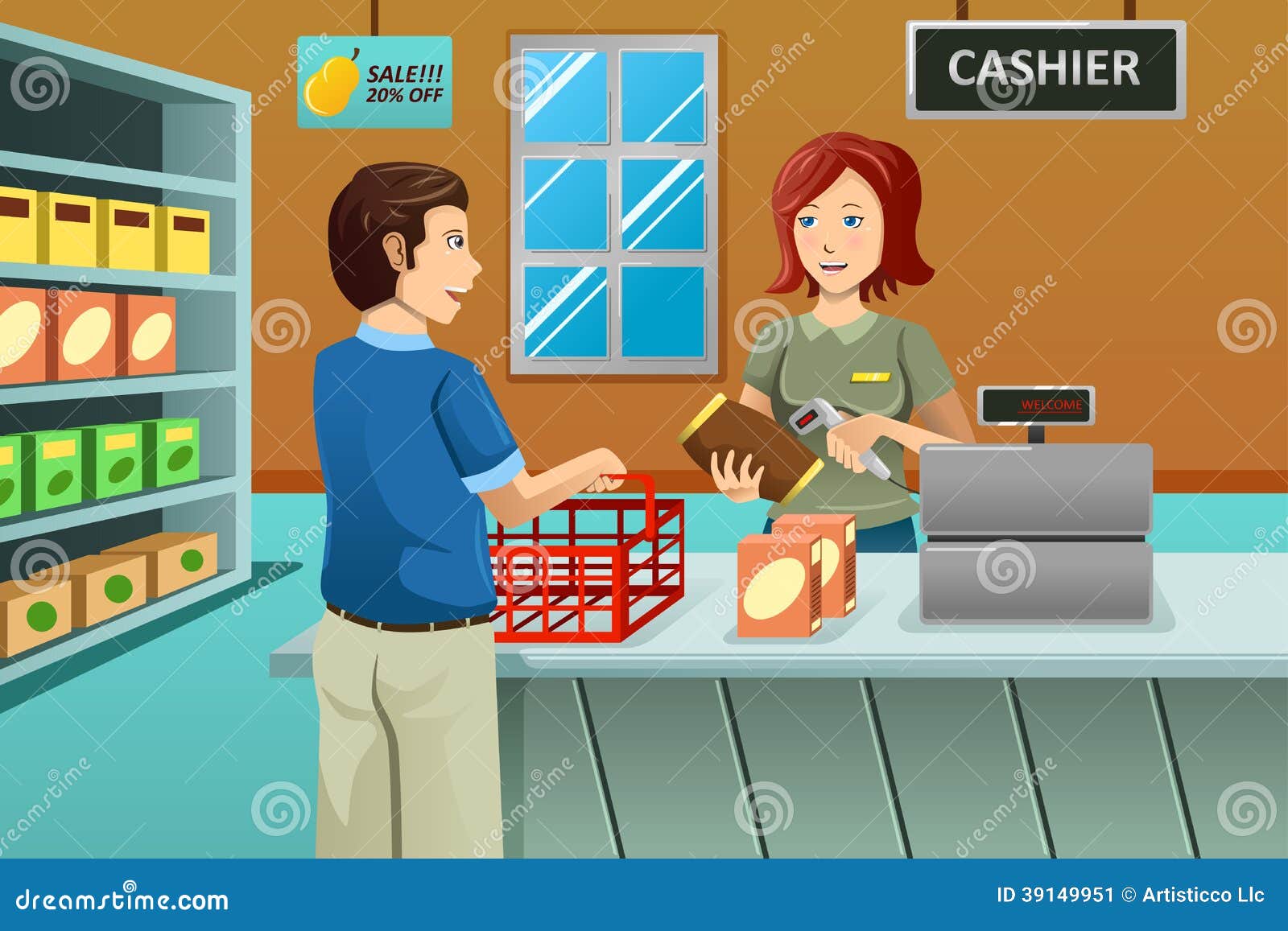 Cashier Working In The Grocery Store Stock Vector - Image: 39149951