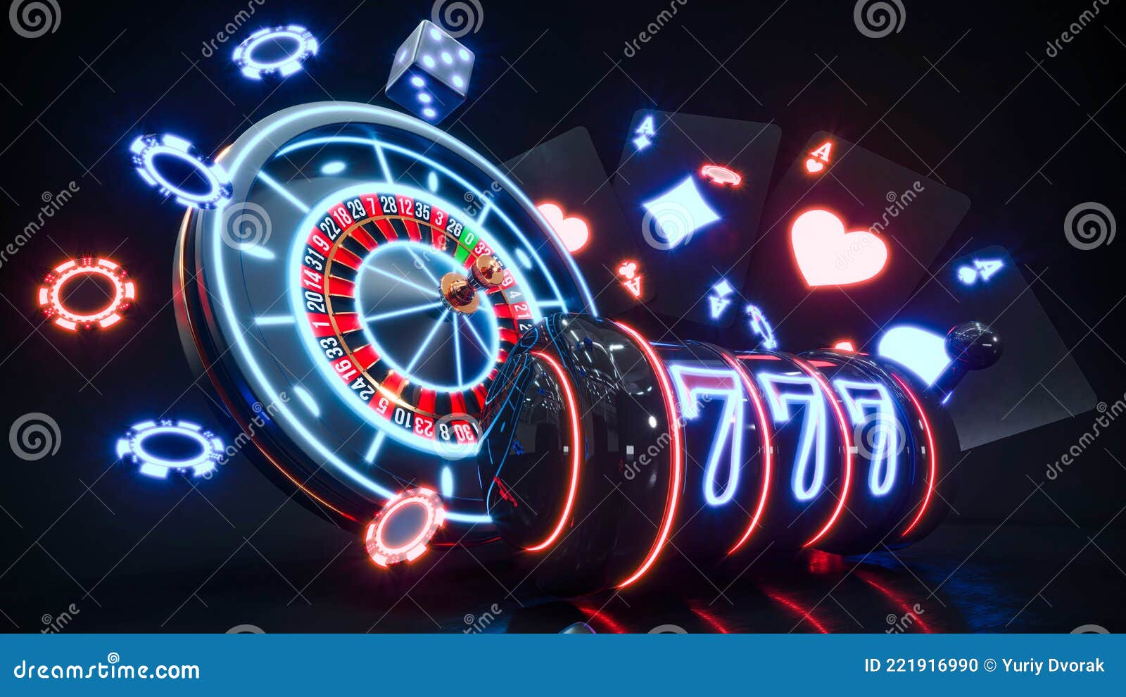 Casino Background with Neon Roulette and Chips Falling 3d Rendering