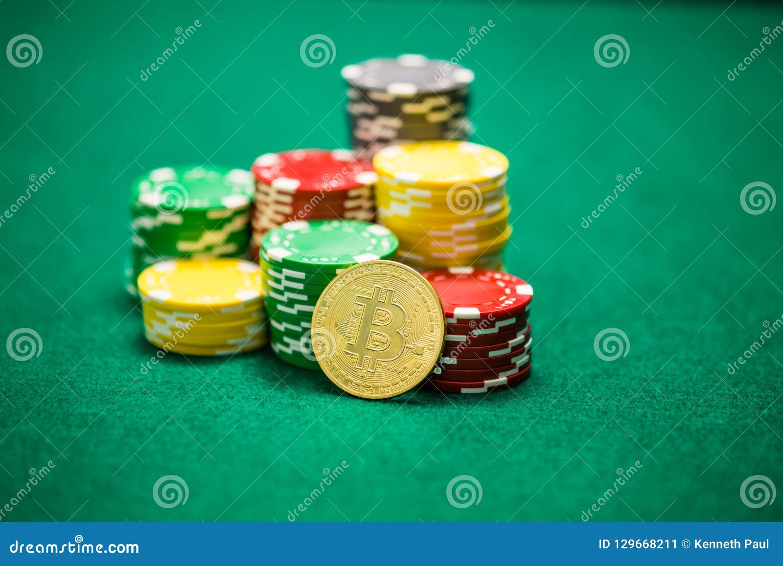 Casino Chips and Bitcoin Cryptocurrency on Green Table Stock Image - Image  of green, betting: 129668211