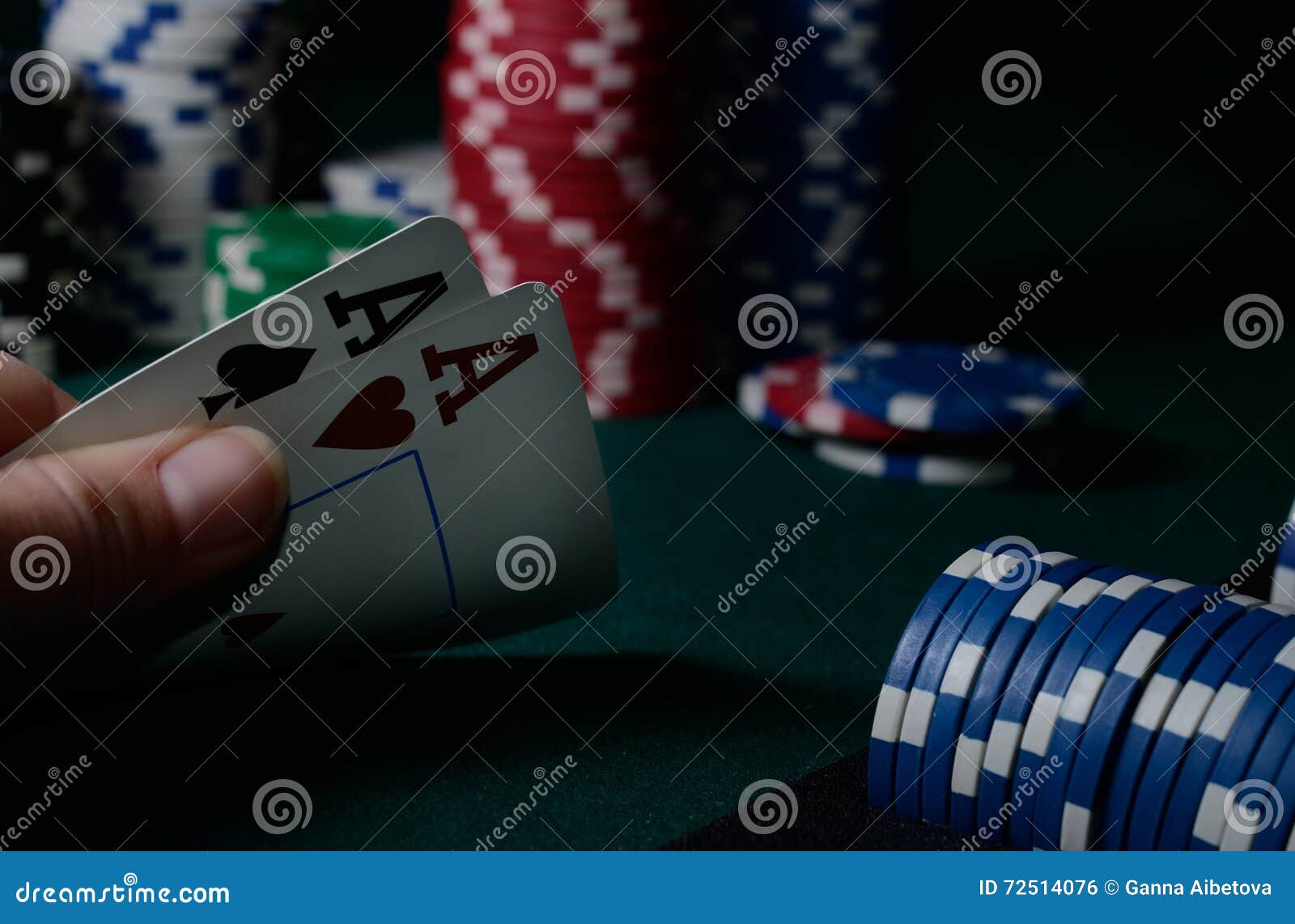 Casino Chips And Pair Of Aces On The Green Table. Poker ...