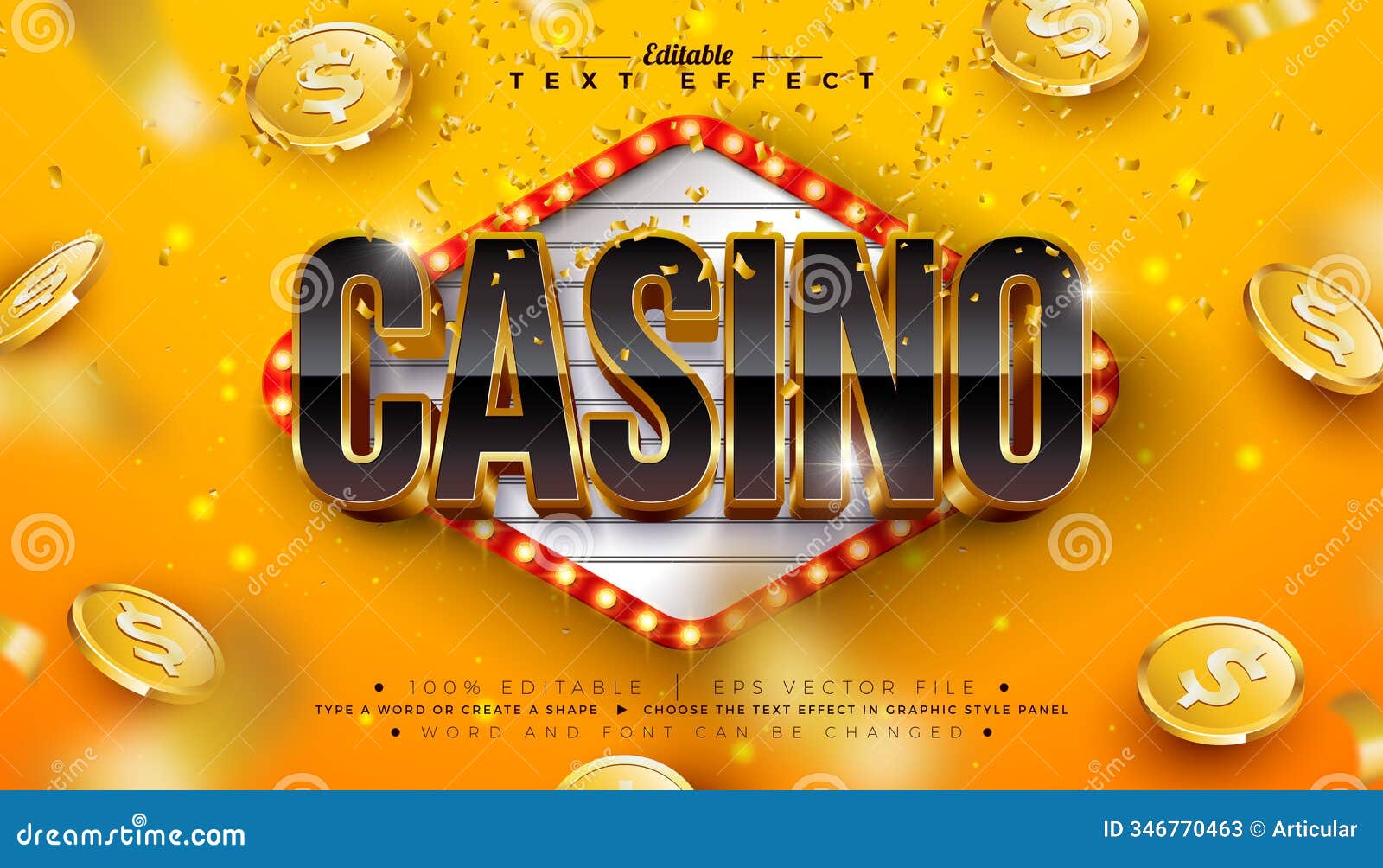 casino 3d text effect  editable and scalable  graphic style effect with shadow and gold black typography