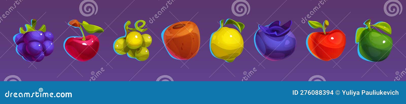 Casino fruit slot machine vector set. Cartoon icon design for match 3 game  interface. Glossy and shiny apple, grape, pear, lemon and cherry asset gamb  Stock Vector Image & Art - Alamy
