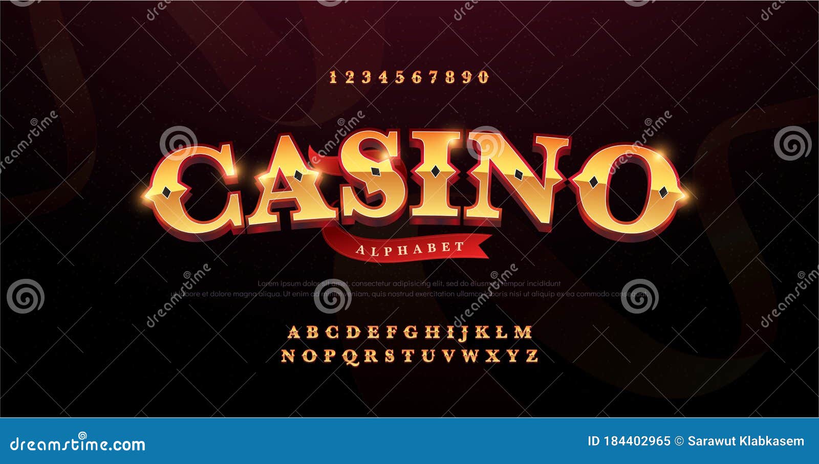 casino luxury 3d alphabet gold logotype with royal font. typography red and golden fonts letters uppercase and number. 
