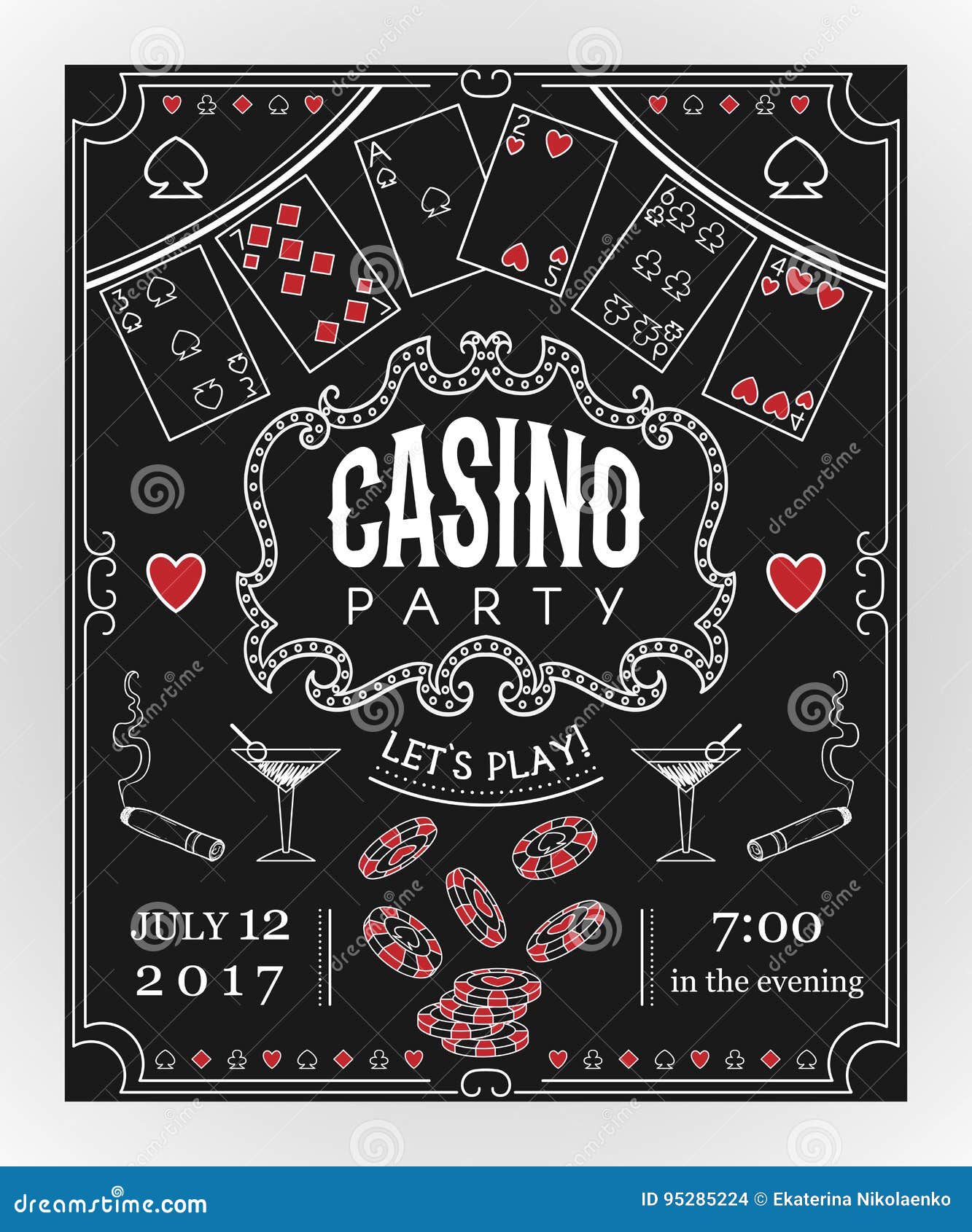 Casino Party Invitation on Chalkboard with Decorative Elements. Stock
