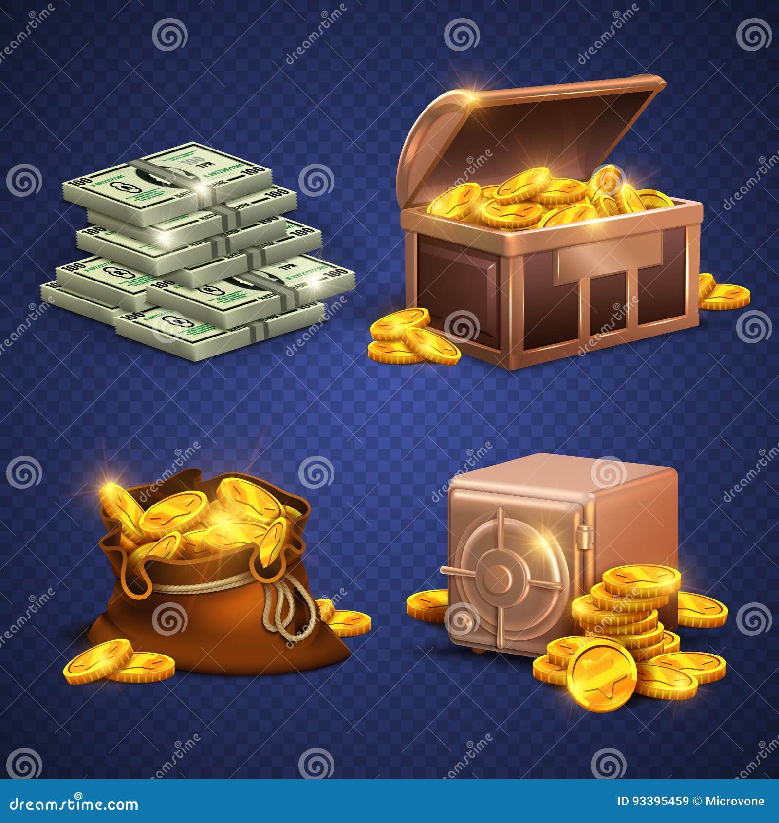 casino  3d signs and money icons. dollars, gold coins in safe deposit and moneybag