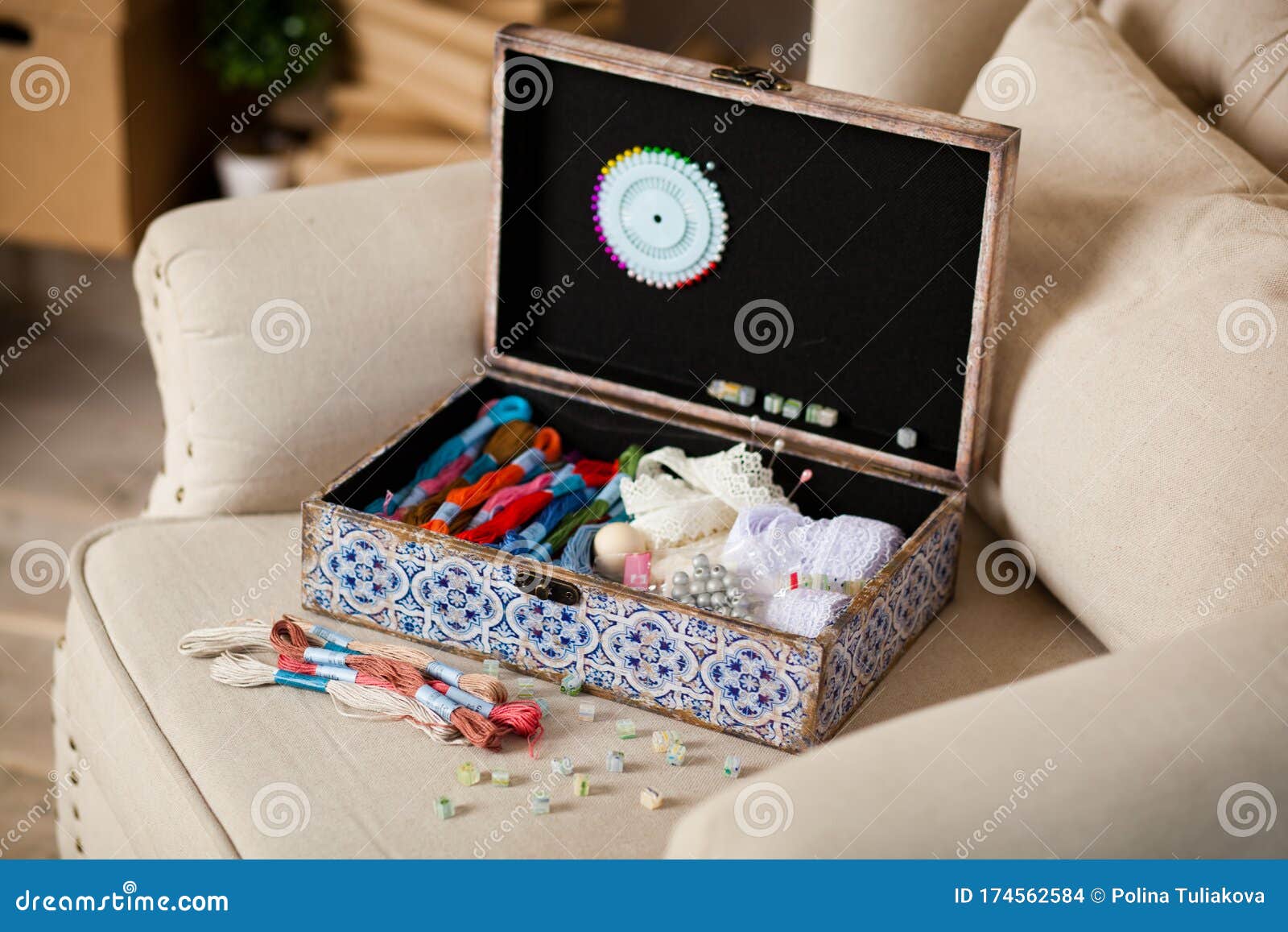 Casket for Needlework, Sewing in Style Interior. Using for Atelier and Handmade Store Stock