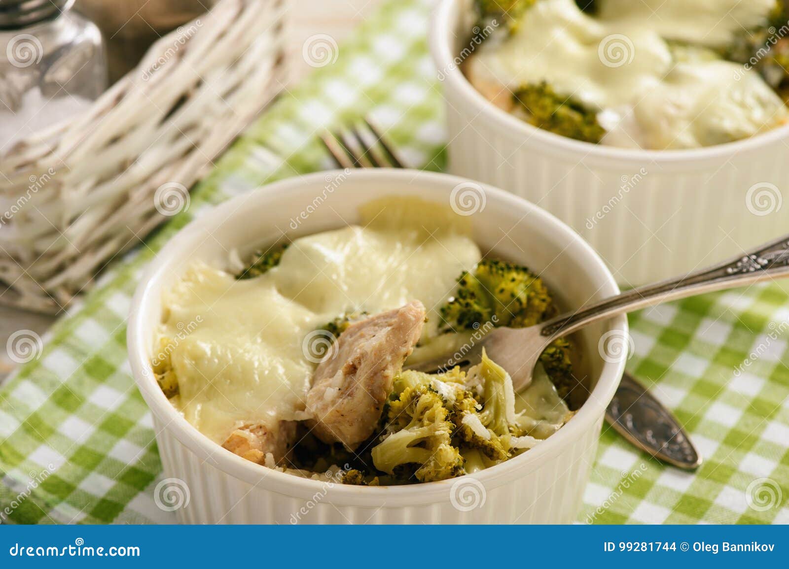 Casserole with Broccoli, Rice, Chicken and Mozzarella Cheese. Stock