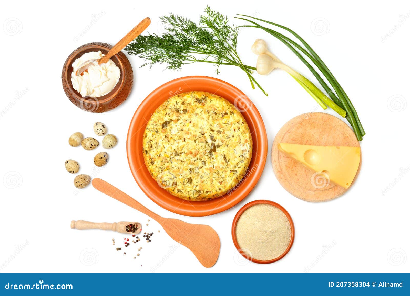 Casserole with Cheese and Herbs Isolated on White Background. View from Above Stock Photo
