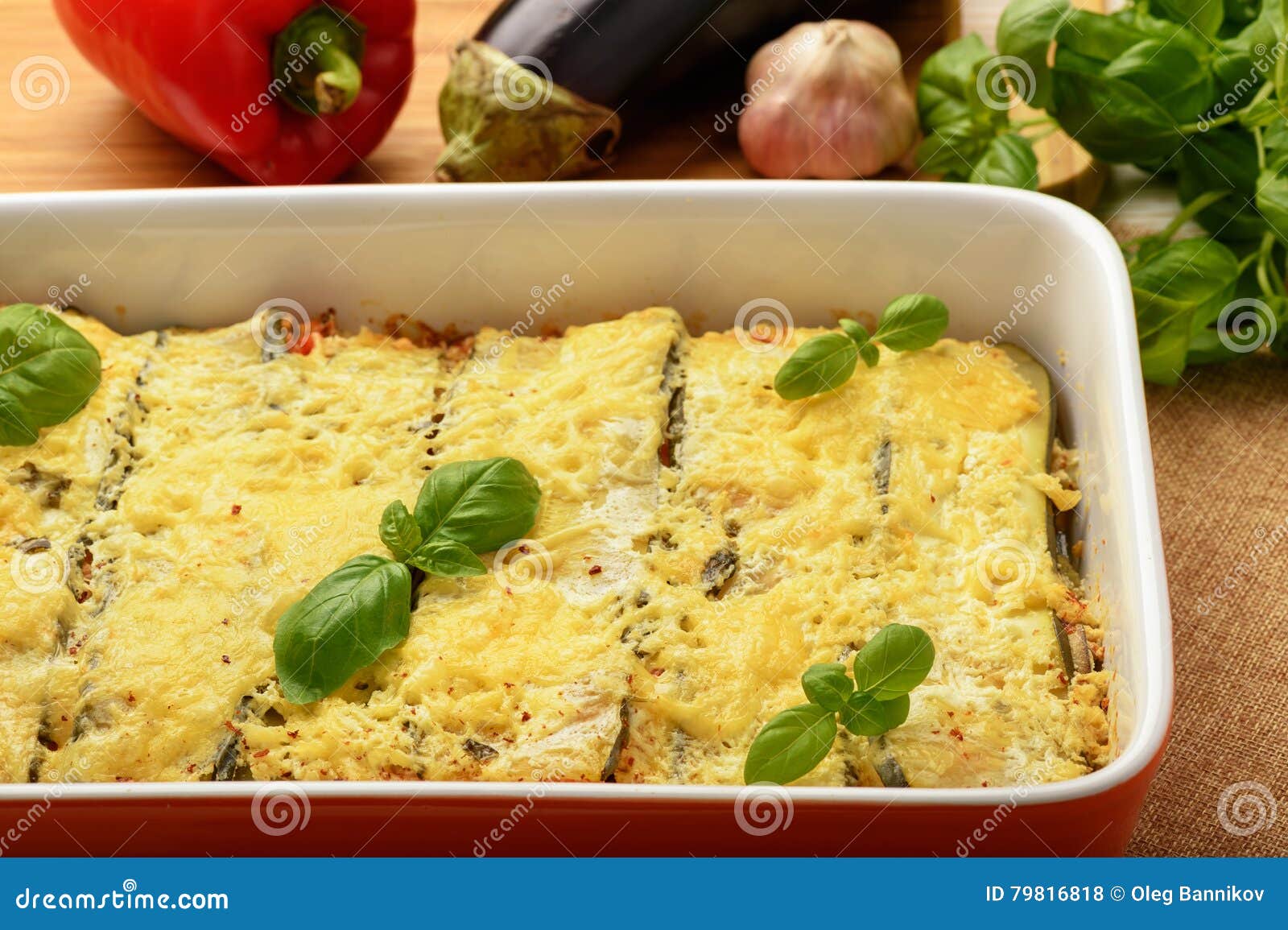 Casserole with Chicken, Eggplant, Zucchini and Tomatoes. Stock Photo