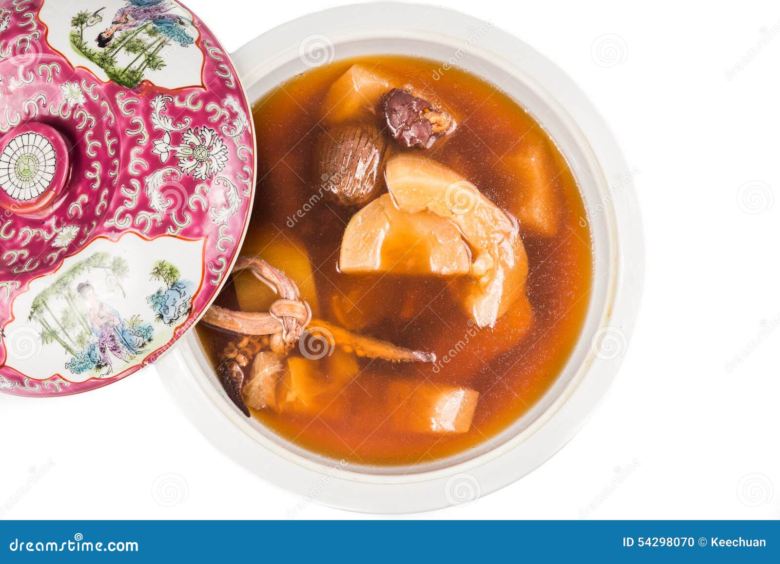 Casserole of Chinese Old Yellow Cucumber Soup in White Stock Photo