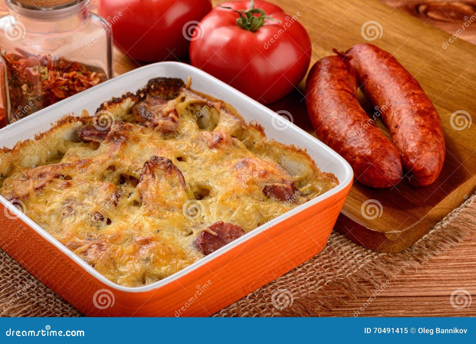 Casserole with Potatoes, Sausages, Tomatoes and Cheese. Stock Image