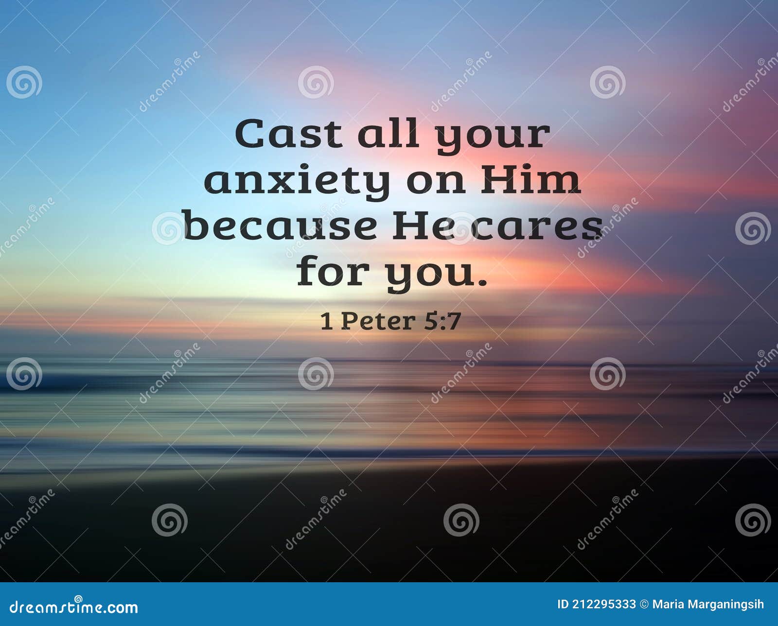 cast all your anxiety on him because he cares for you. bible verse: 1 peter 5:7 on soft pink and blue colorful sunset sunrise sky