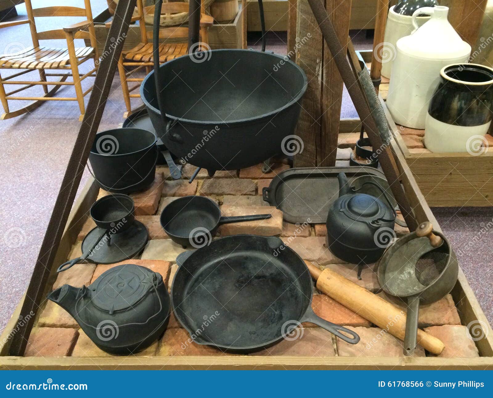 Cast Iron Cooking Pots On Wood Stock Photo 135612338