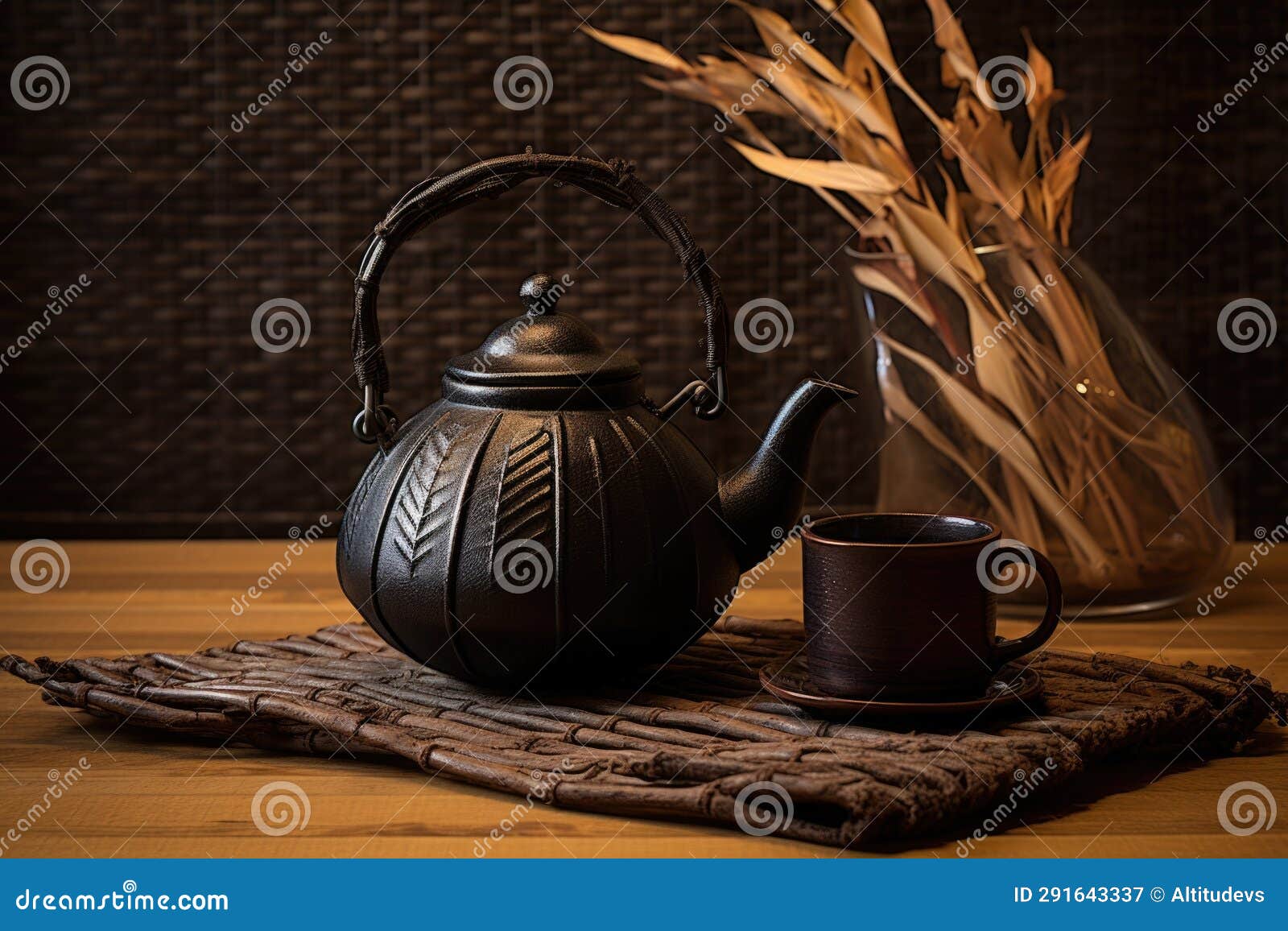 A Cast Iron Japanese Teapot on a Bamboo Mat Stock Image Image of