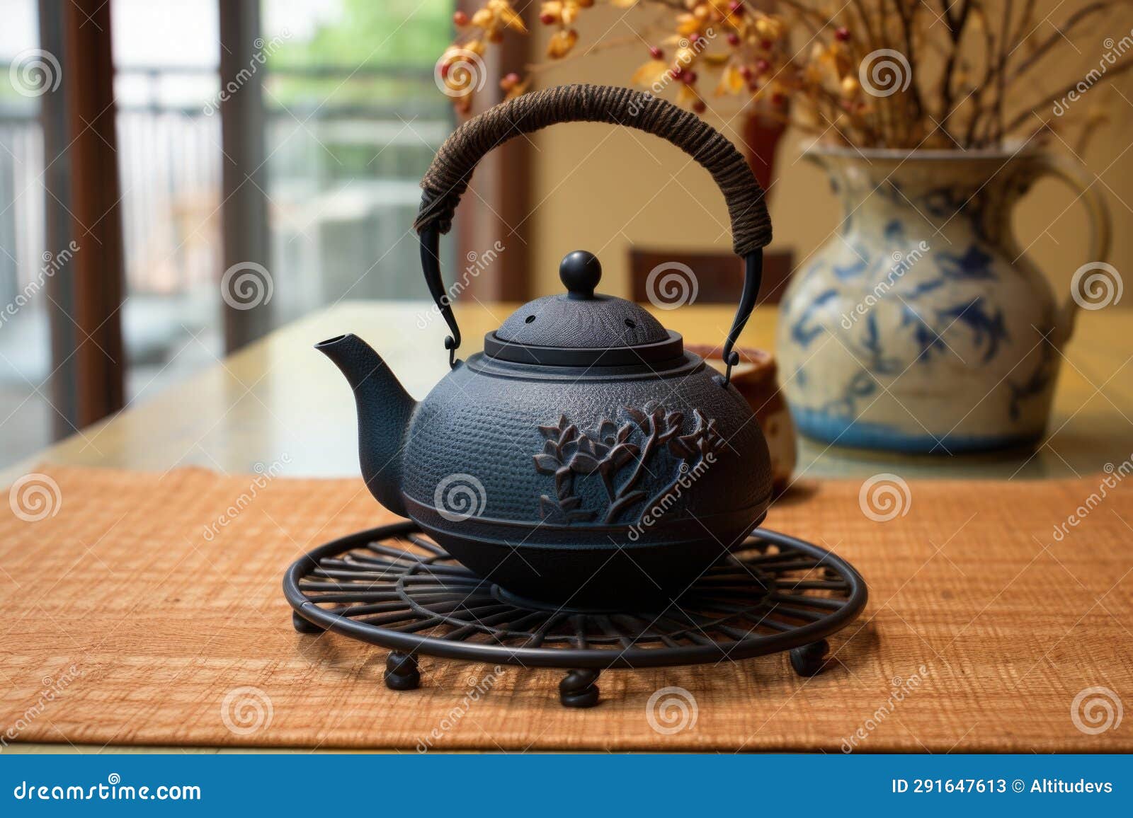 A Cast Iron Japanese Teapot on a Bamboo Mat Stock Image Image of
