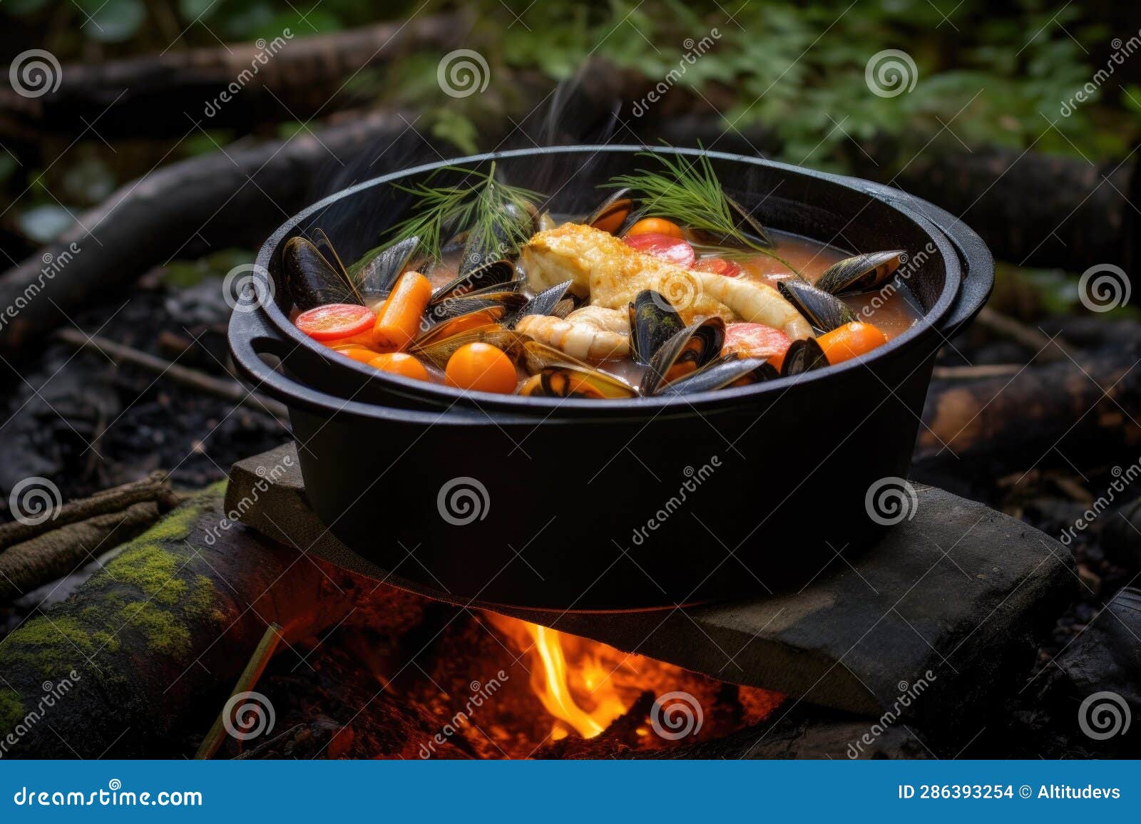 Cast Iron Pot with Bouillabaisse Over Campfire Flames Stock Photo
