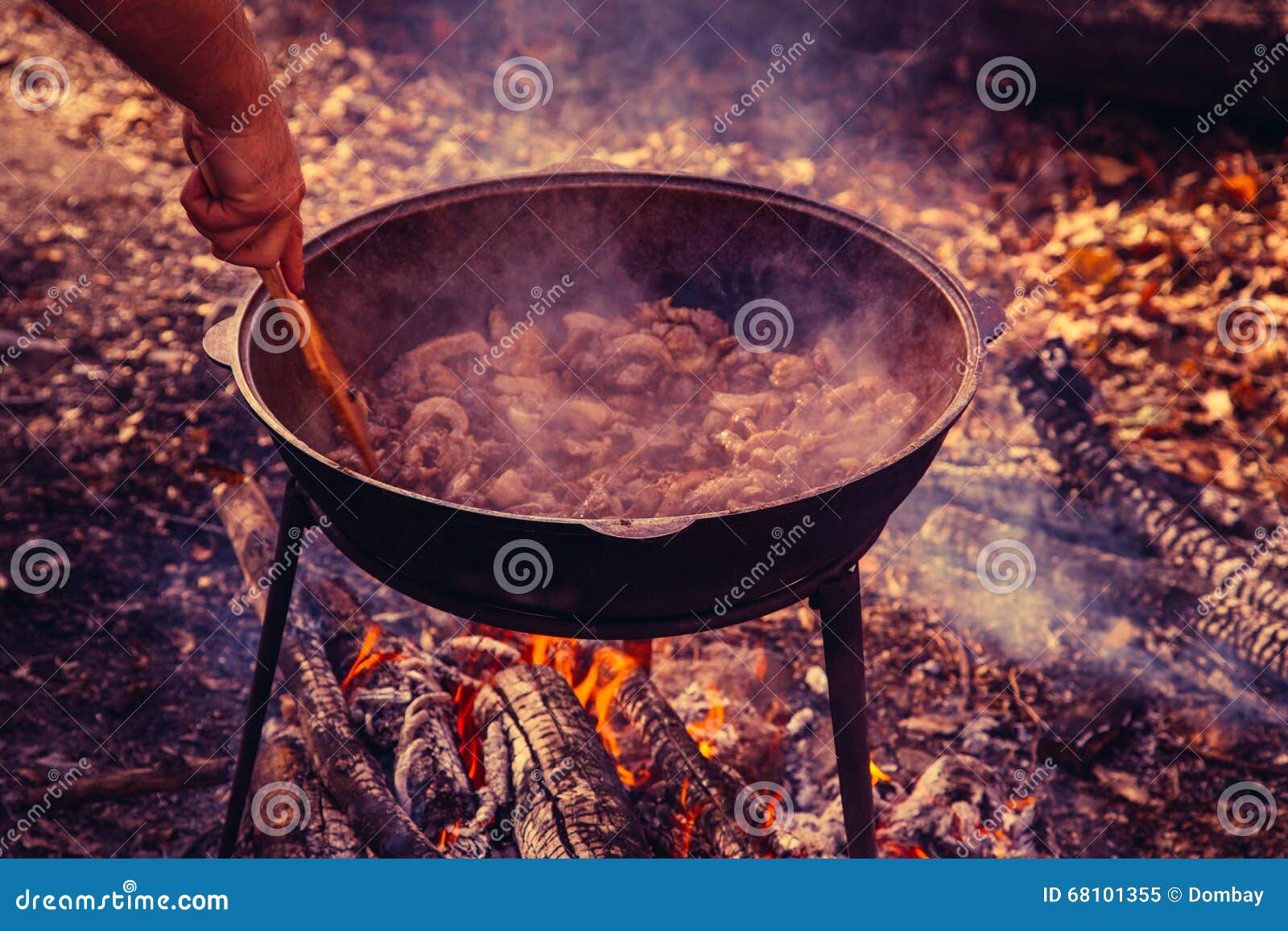 Cast Iron Pot Outdoors, Cooking on a Fire. Stock Image Image of