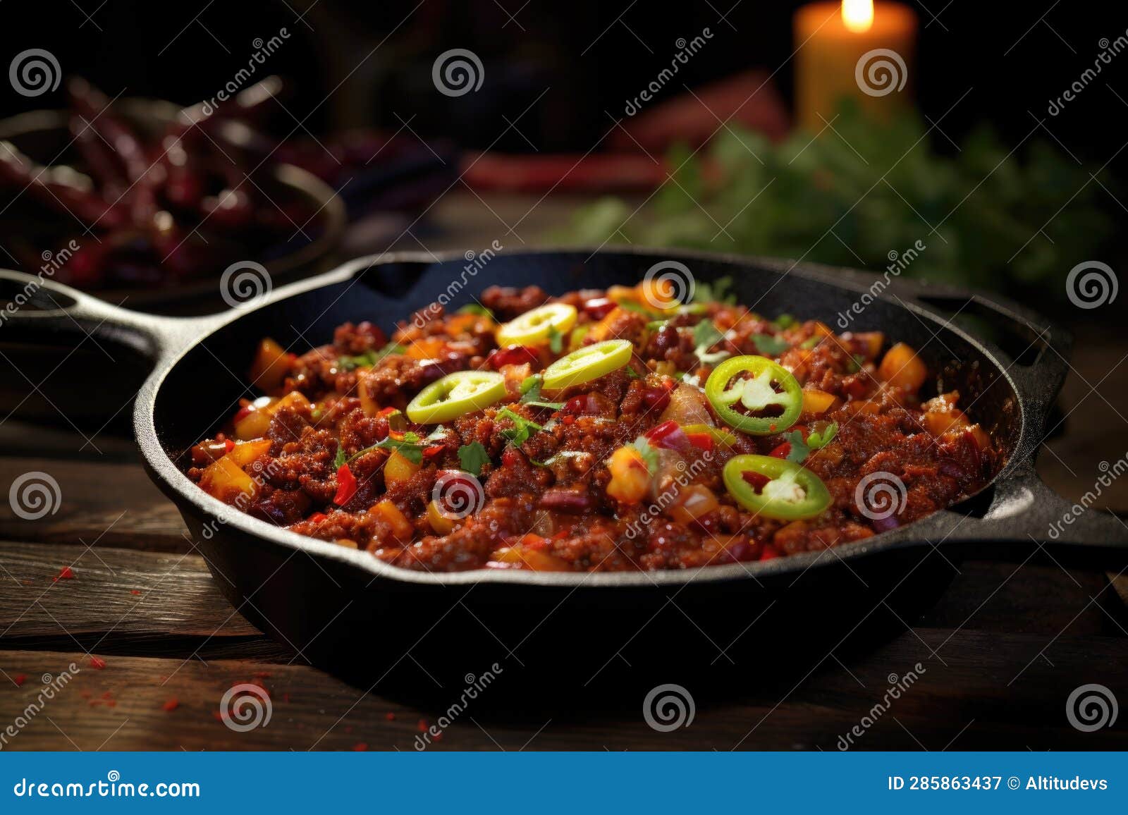 Cast Iron Skillet with Sizzling Chili Mixture Stock Image Image of recipe, mixture 285863437