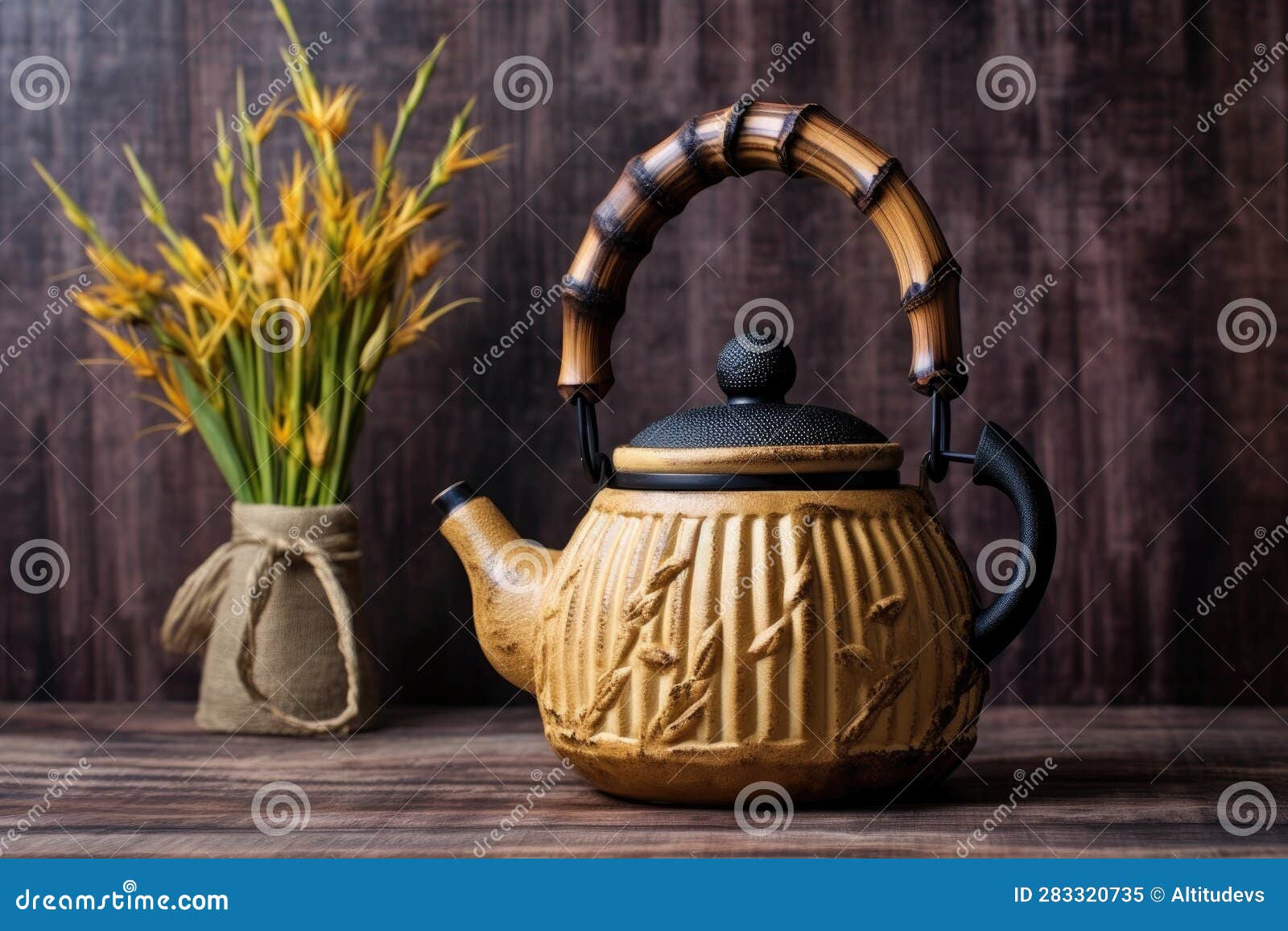Cast Iron Teapot with Bamboo Handle on Rustic Background Stock