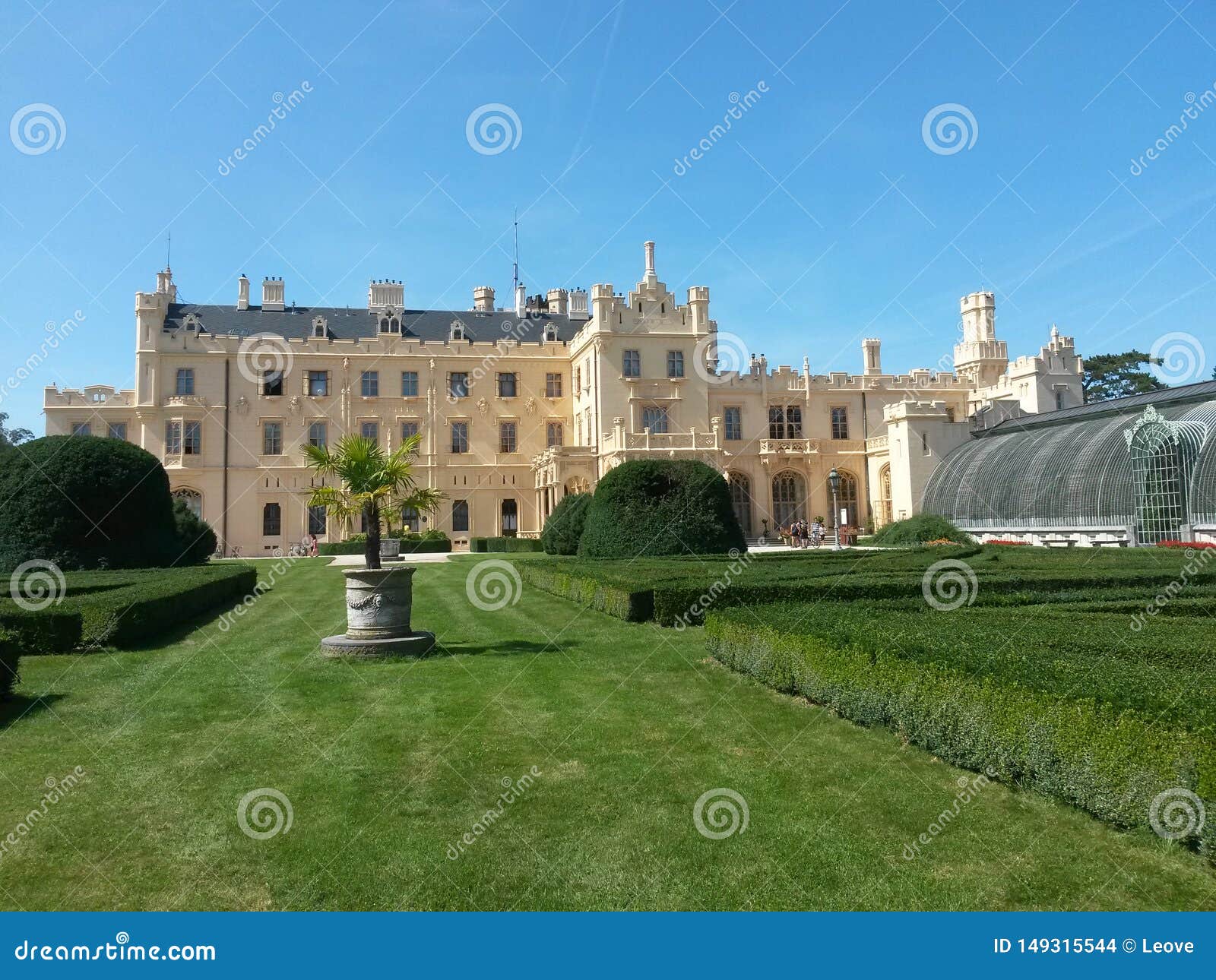 Castle Garden Lednice in Summer Day with Castle and Greenhouse in ...