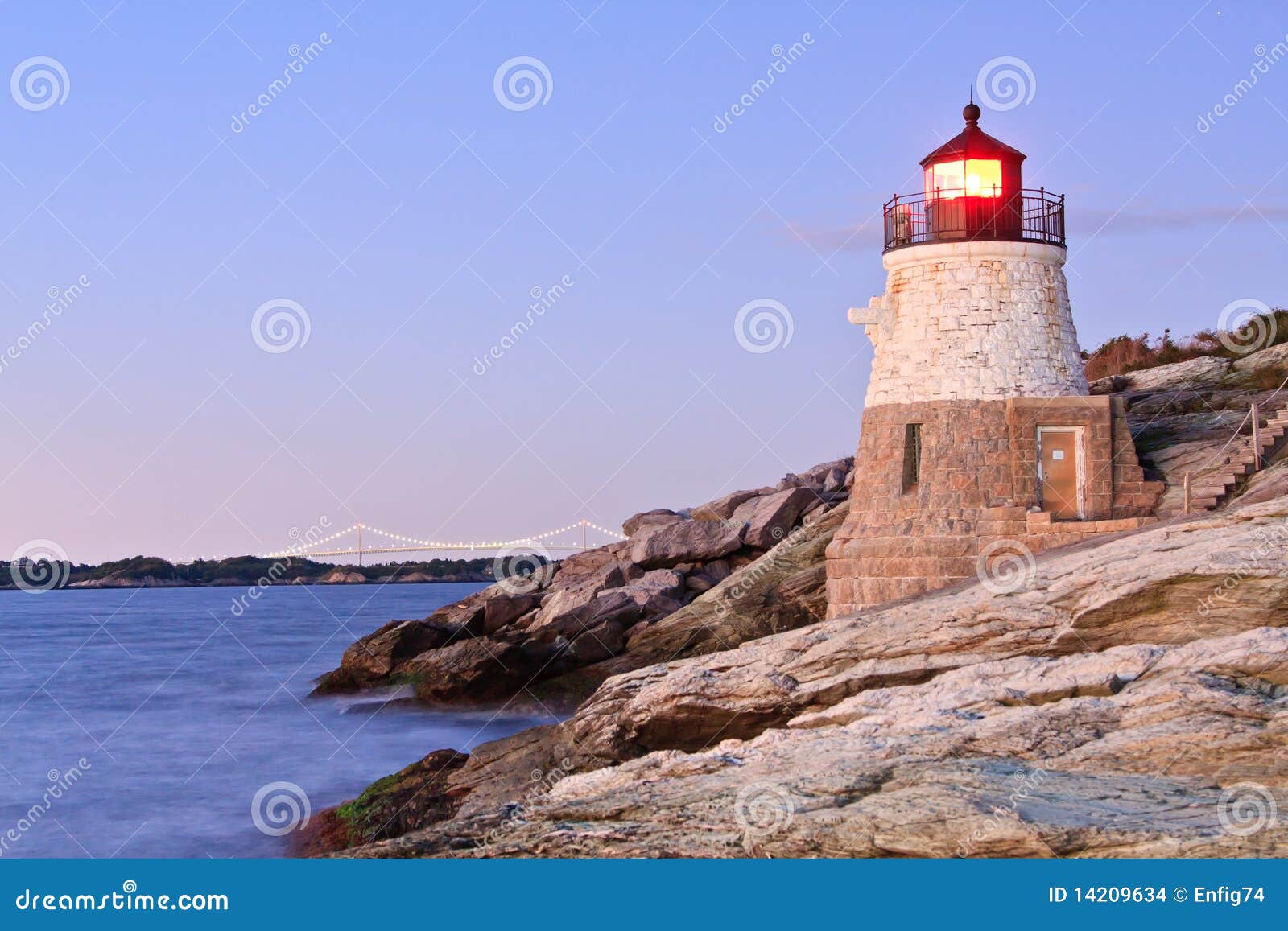 Castle Hill Lighthouse and Newport Bridge Stock Photo Image of