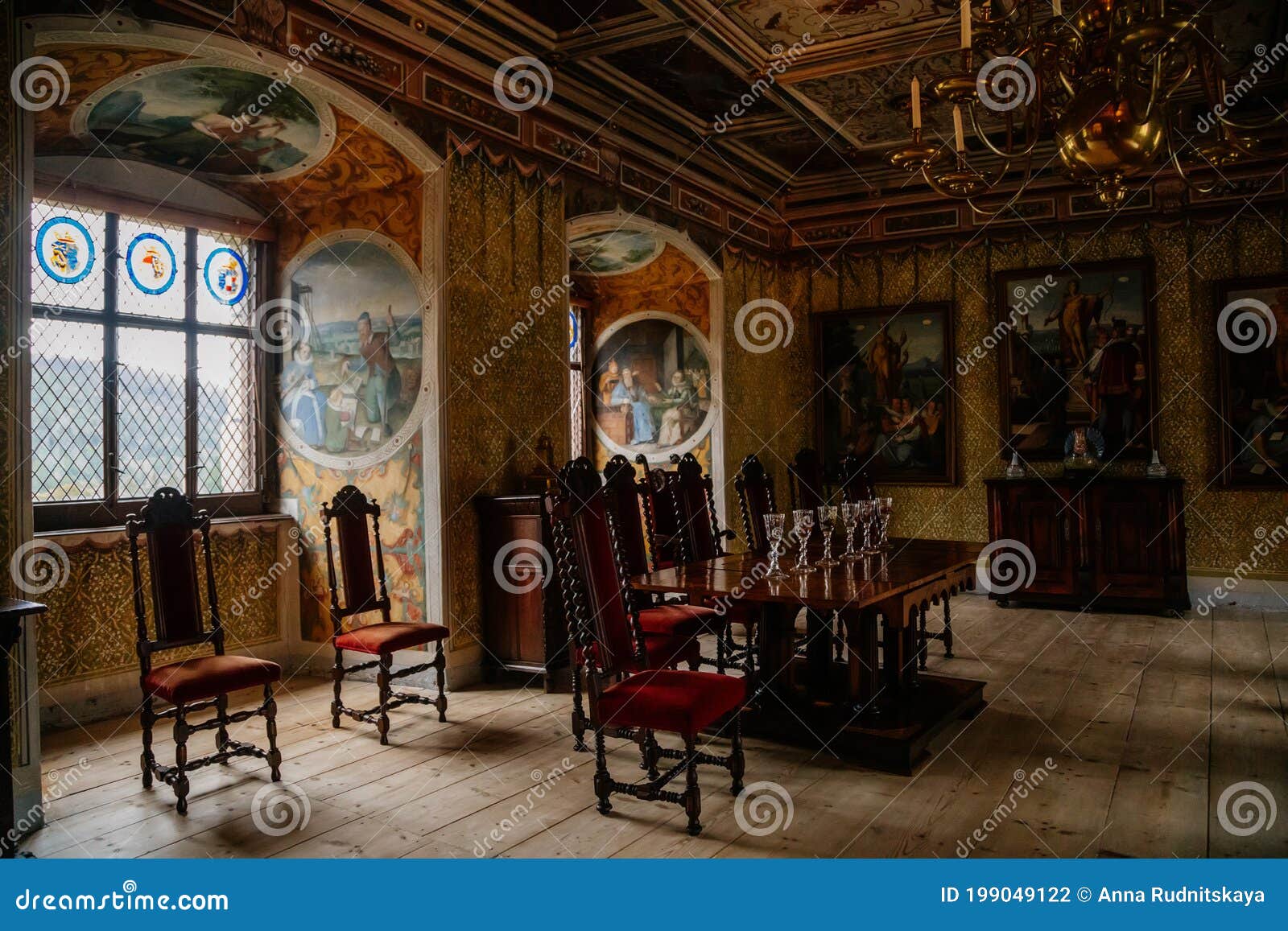 Castle Interior Large Renaissance Hall With Frescoes Table And Chairs