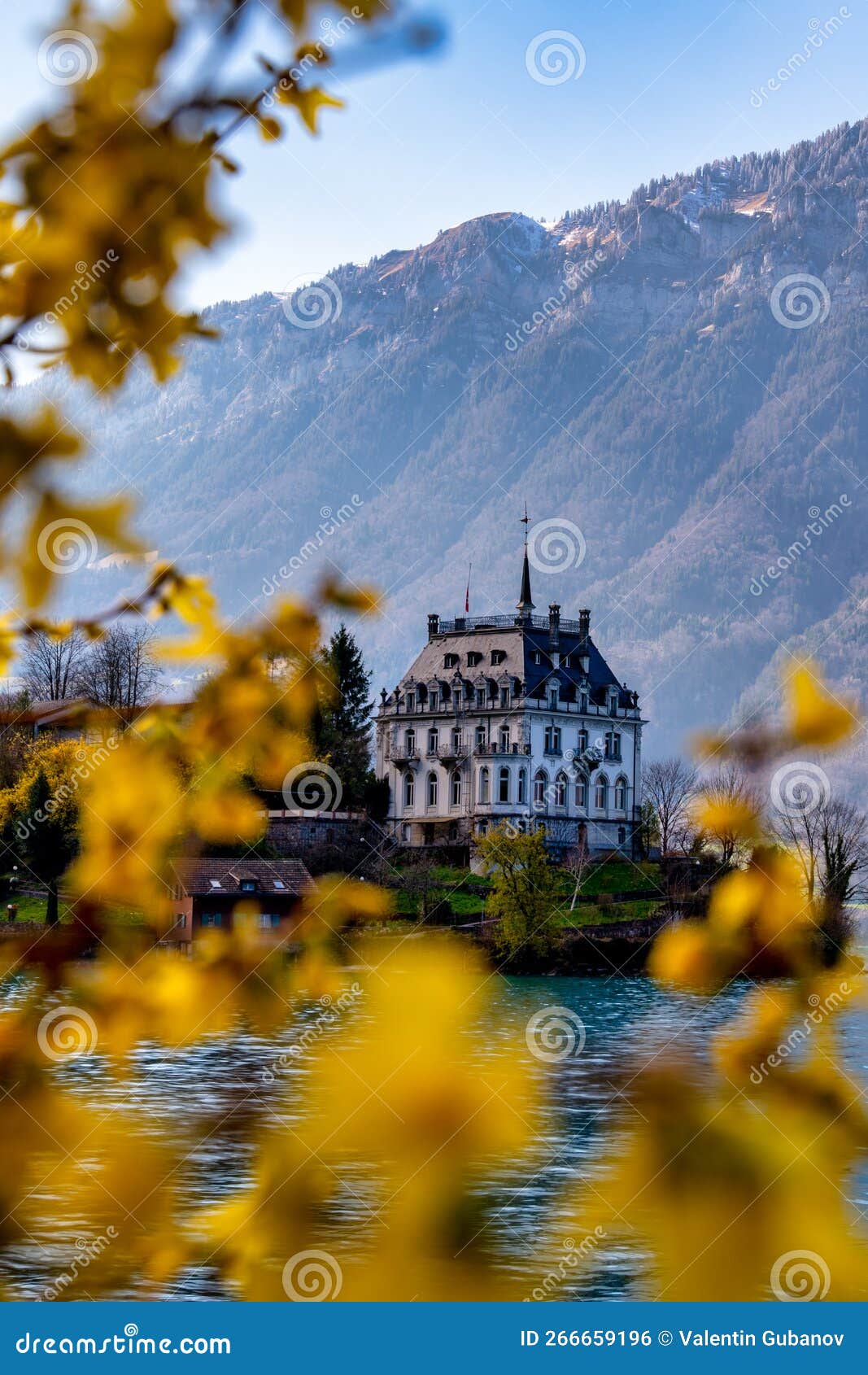 A castle on the lake stock photo. Image of blue, path 266659196