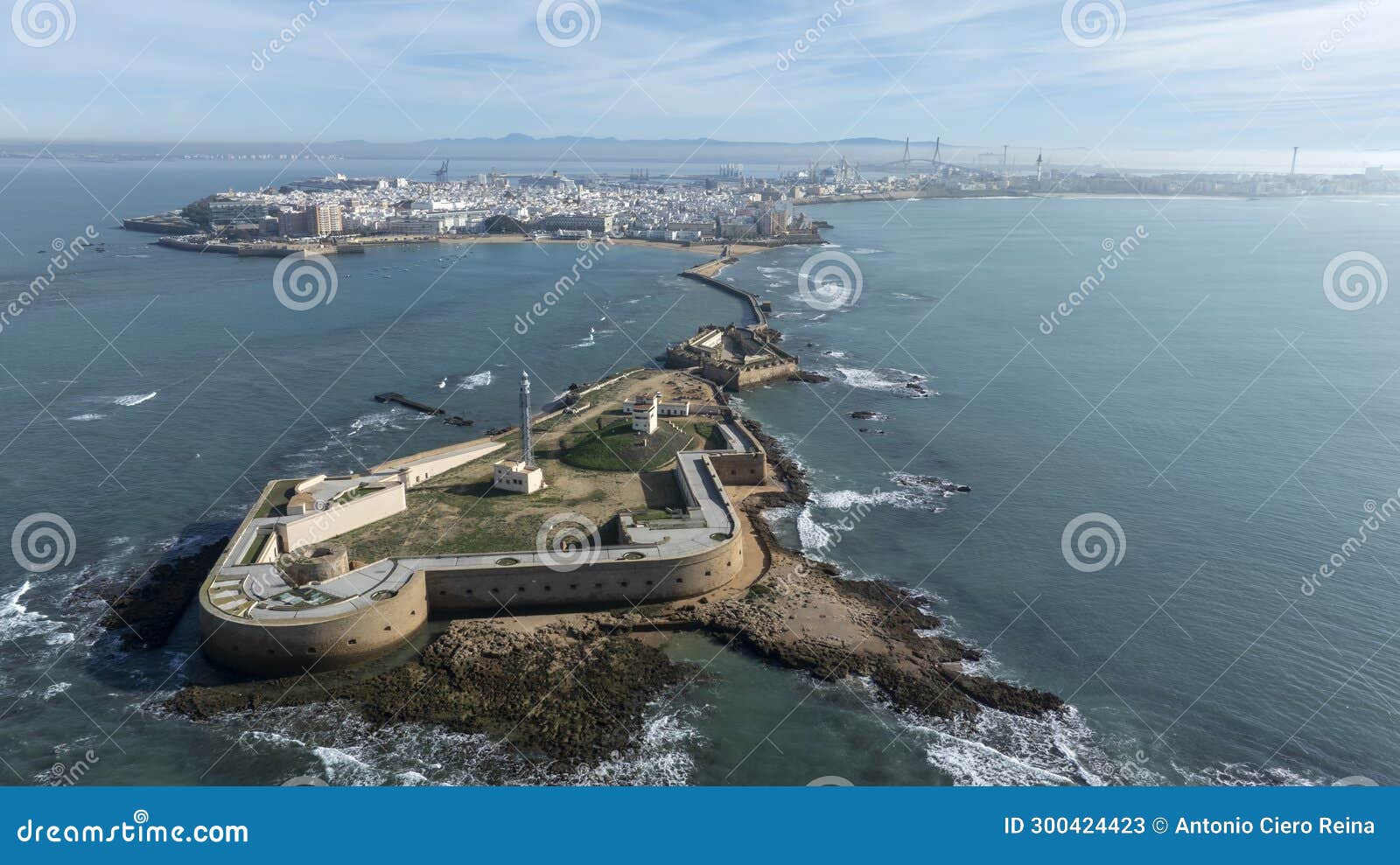 aerial view of the castle of san sebastian in the city of cadiz, spain.