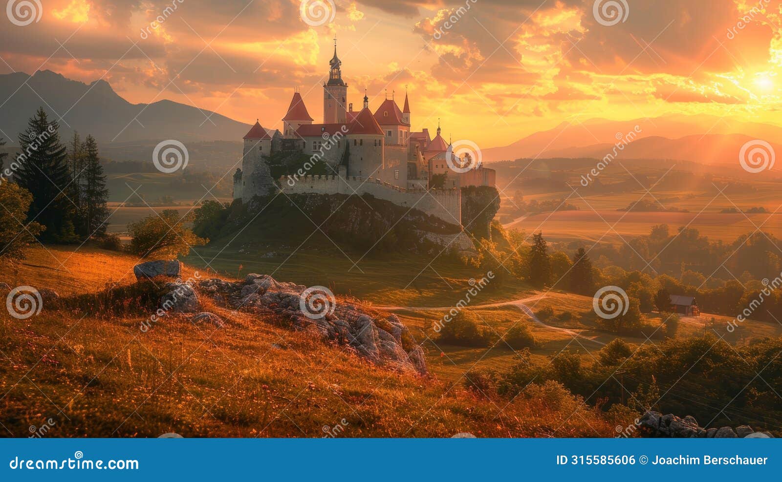 castle silhouette against setting sun with dramatic backlighting, creating a striking image