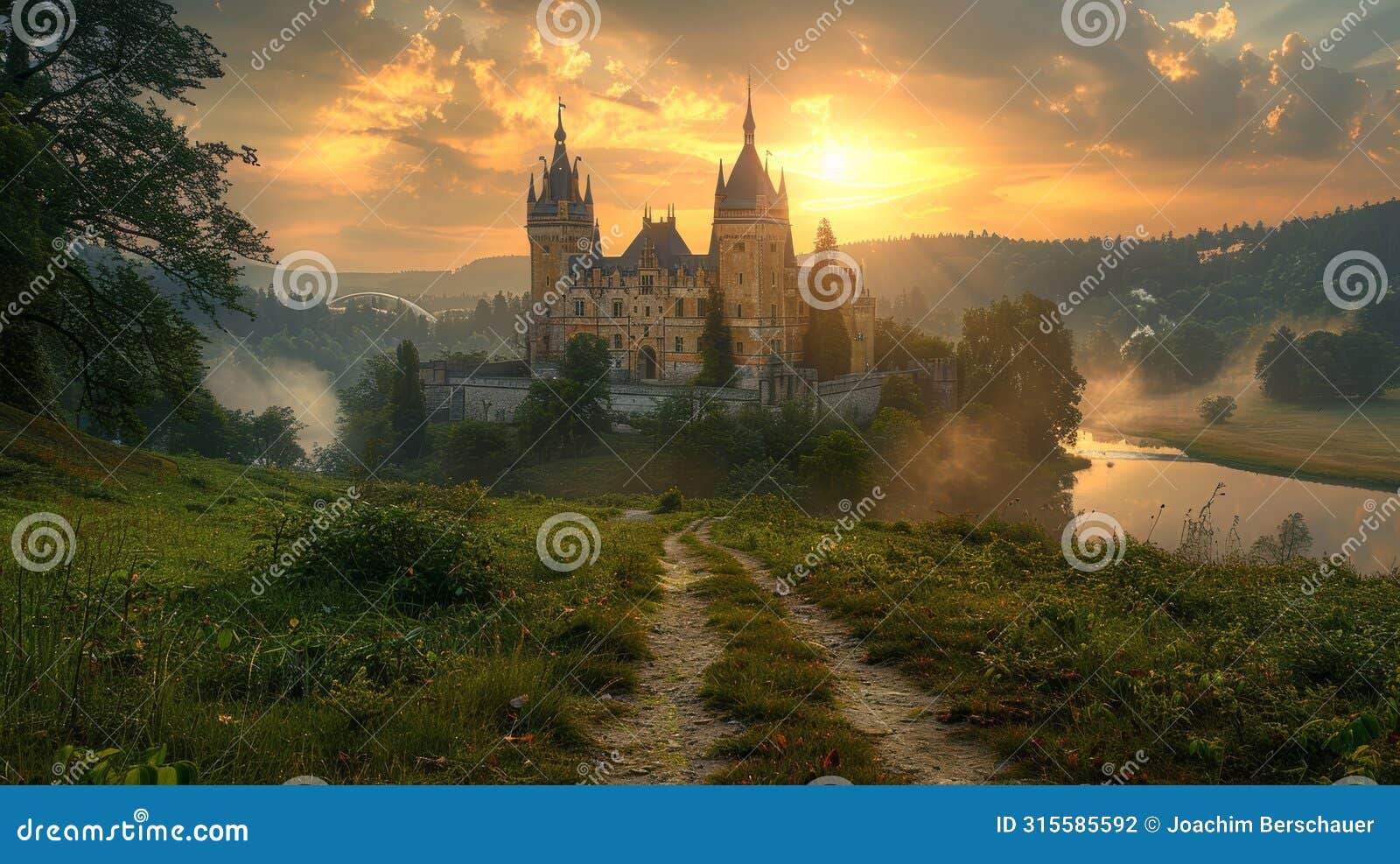 castle silhouette with dramatic sun backlighting, creating stunning lighting effect