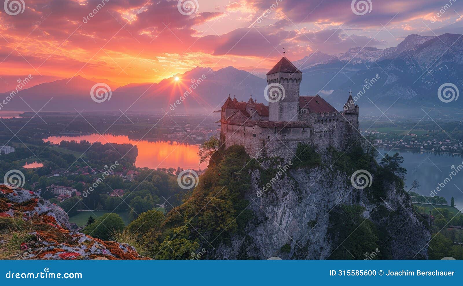 castle silhouetted against setting sun with dramatic backlighting in enhanced photograph