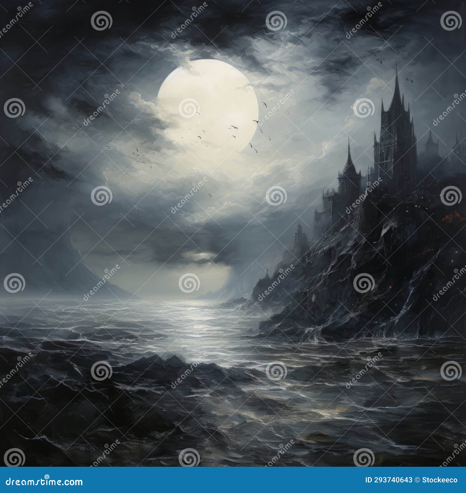 gray gothic seascape: a dark castle and ocean over night
