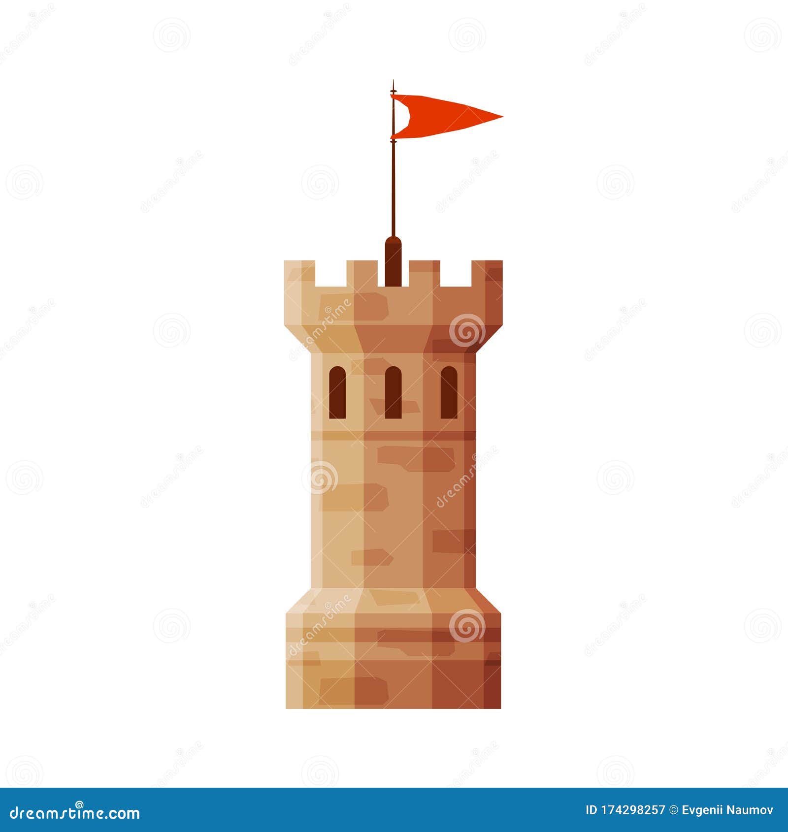 Castle Tower With Flag, Element Of Medieval Stone Fortress Vector