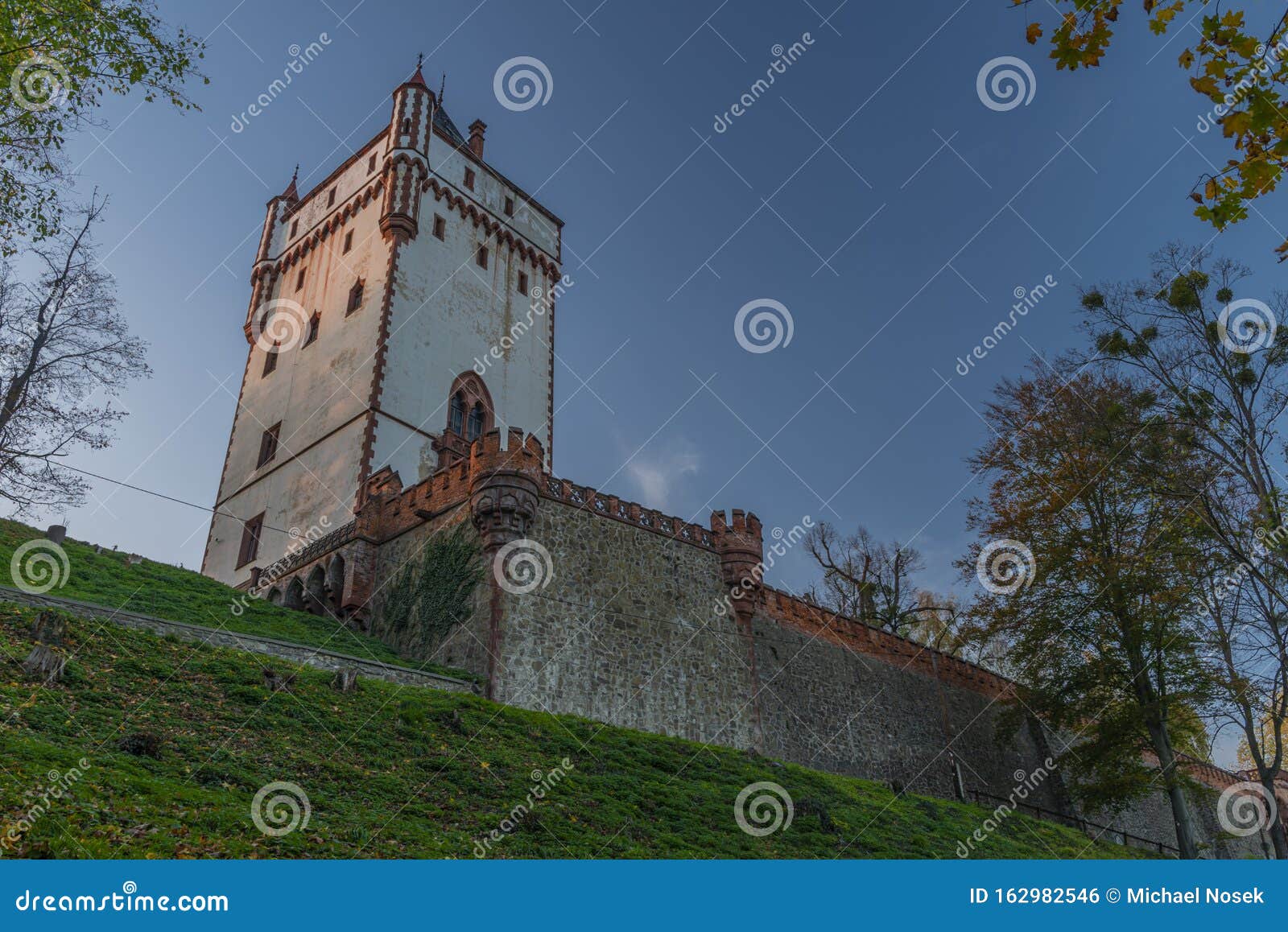 castle in town hradec nad moravici in autumn color evening