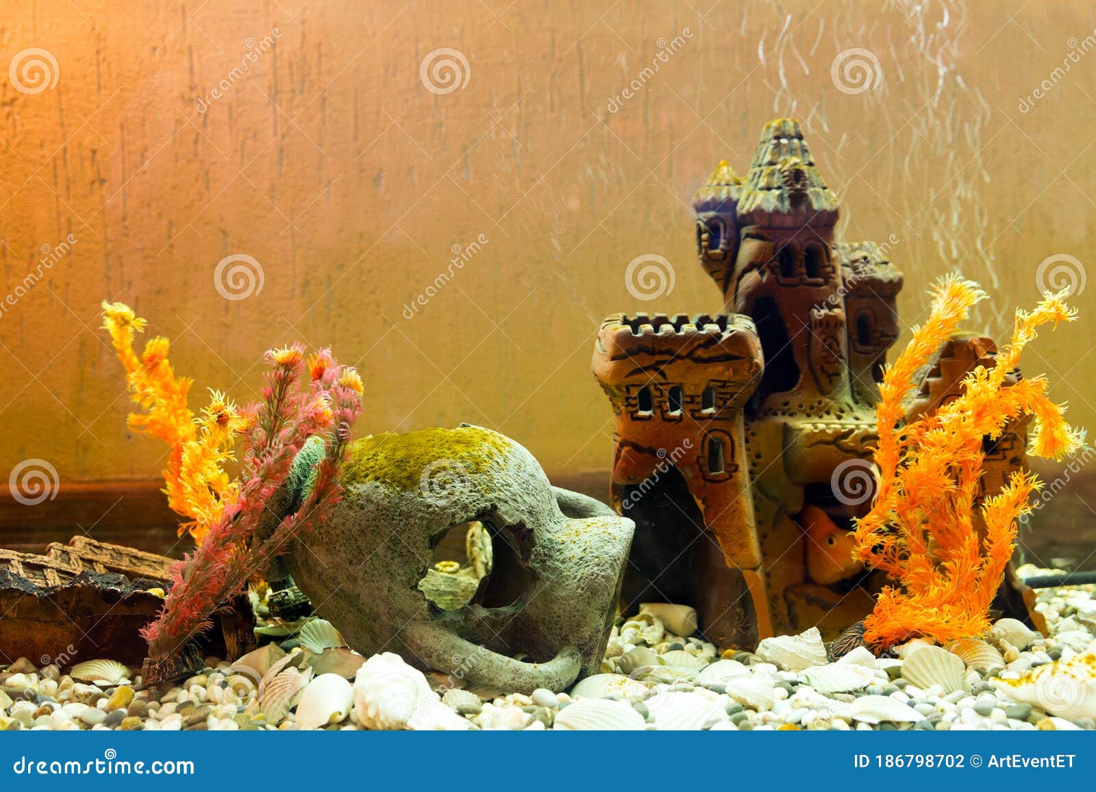 Castle Under Water. Beautiful Aquarium with Amphora and Medieval Castle