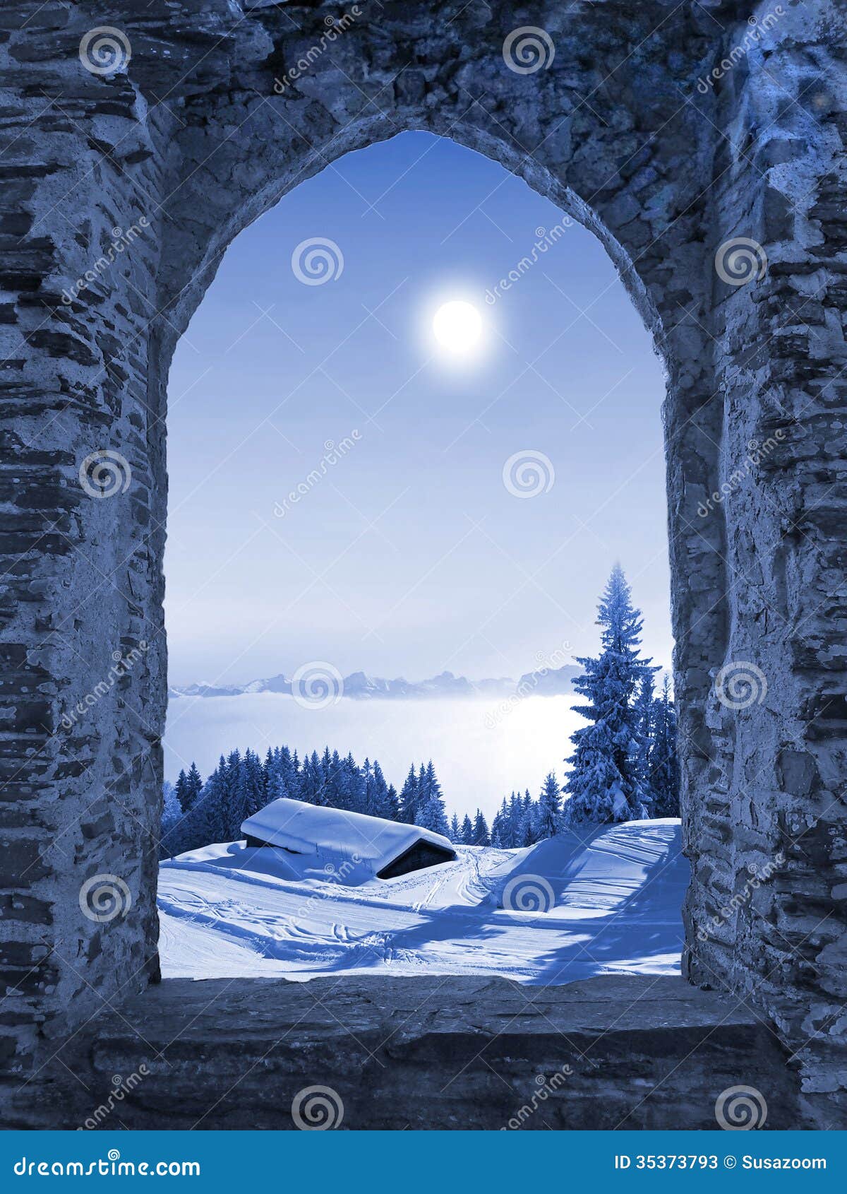 Castle Window with Moonlight Scenery Stock Image - Image of castle