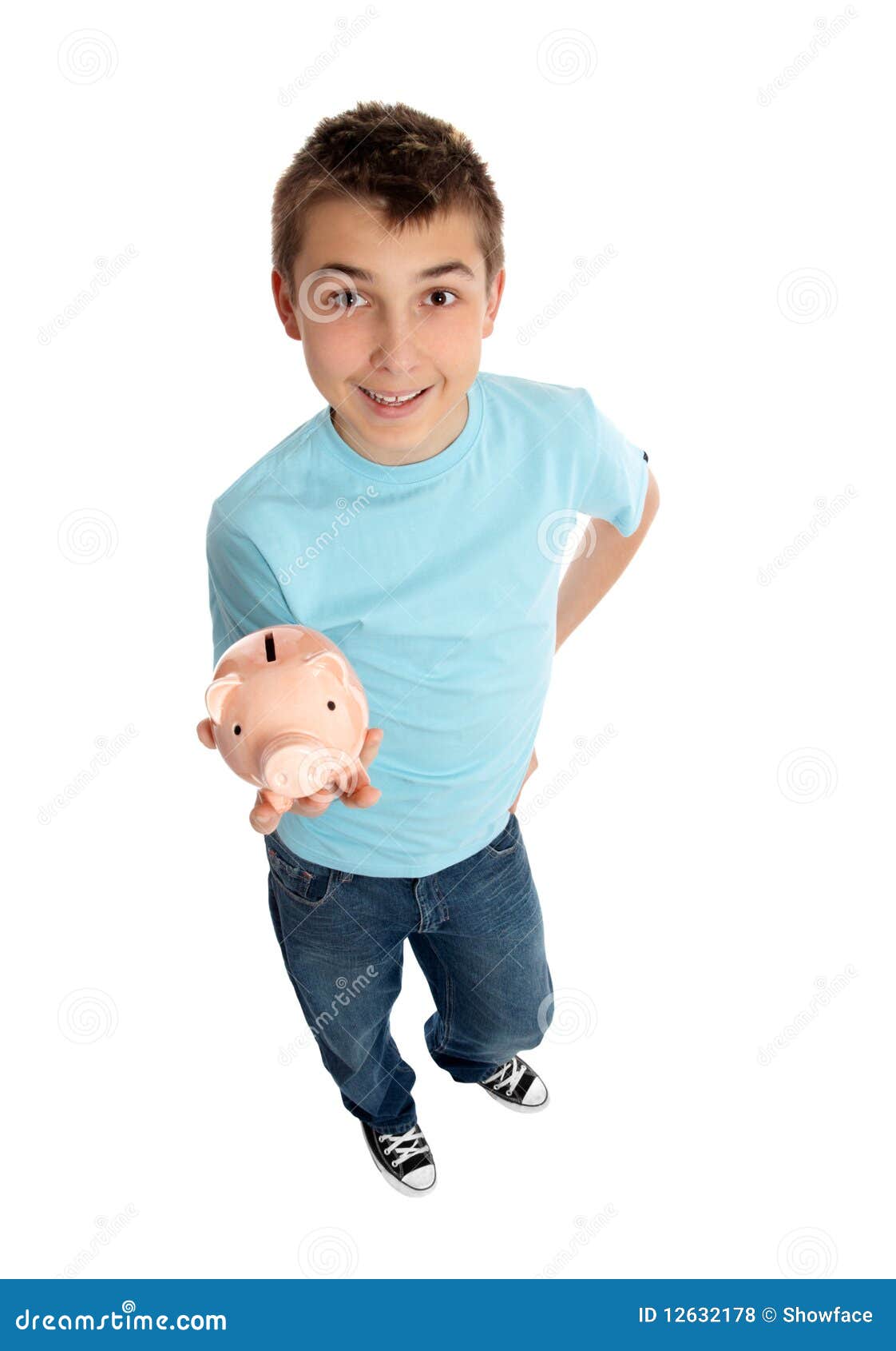 Casual Boy Holds a Money Box in Palm of Hand Stock Photo Image of