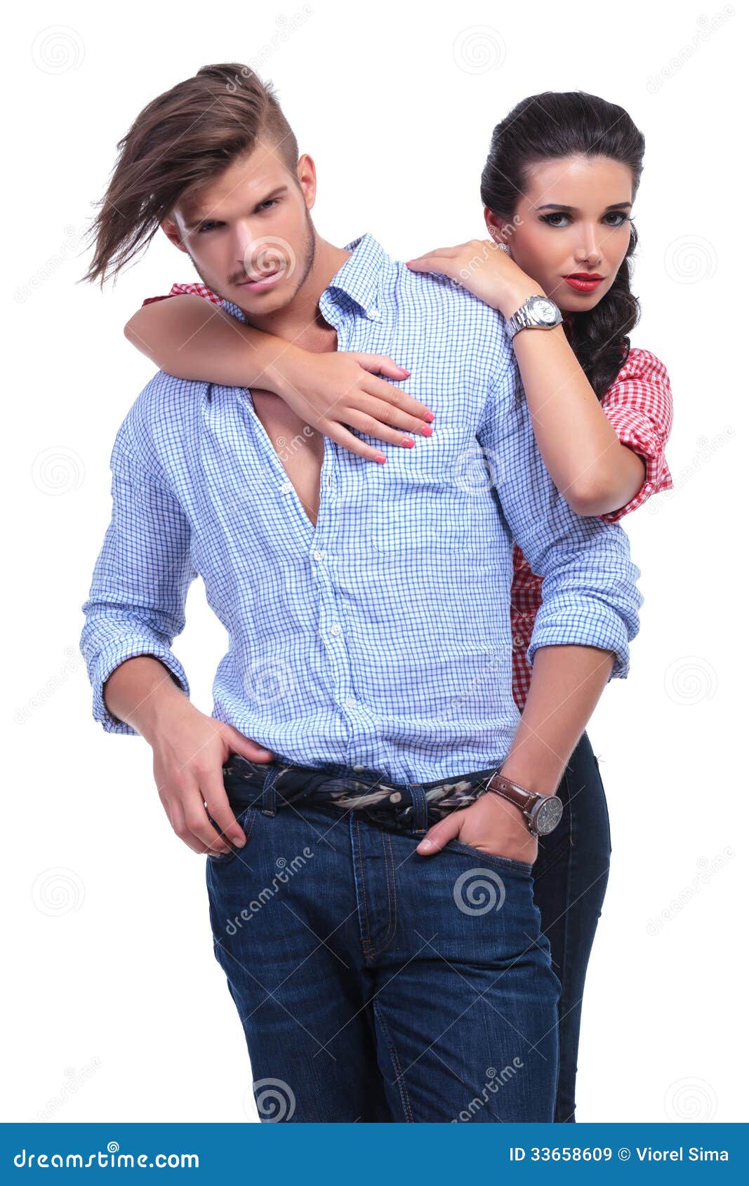 Casual Couple With Woman Holding Hands On Man Stock Image Image Of 