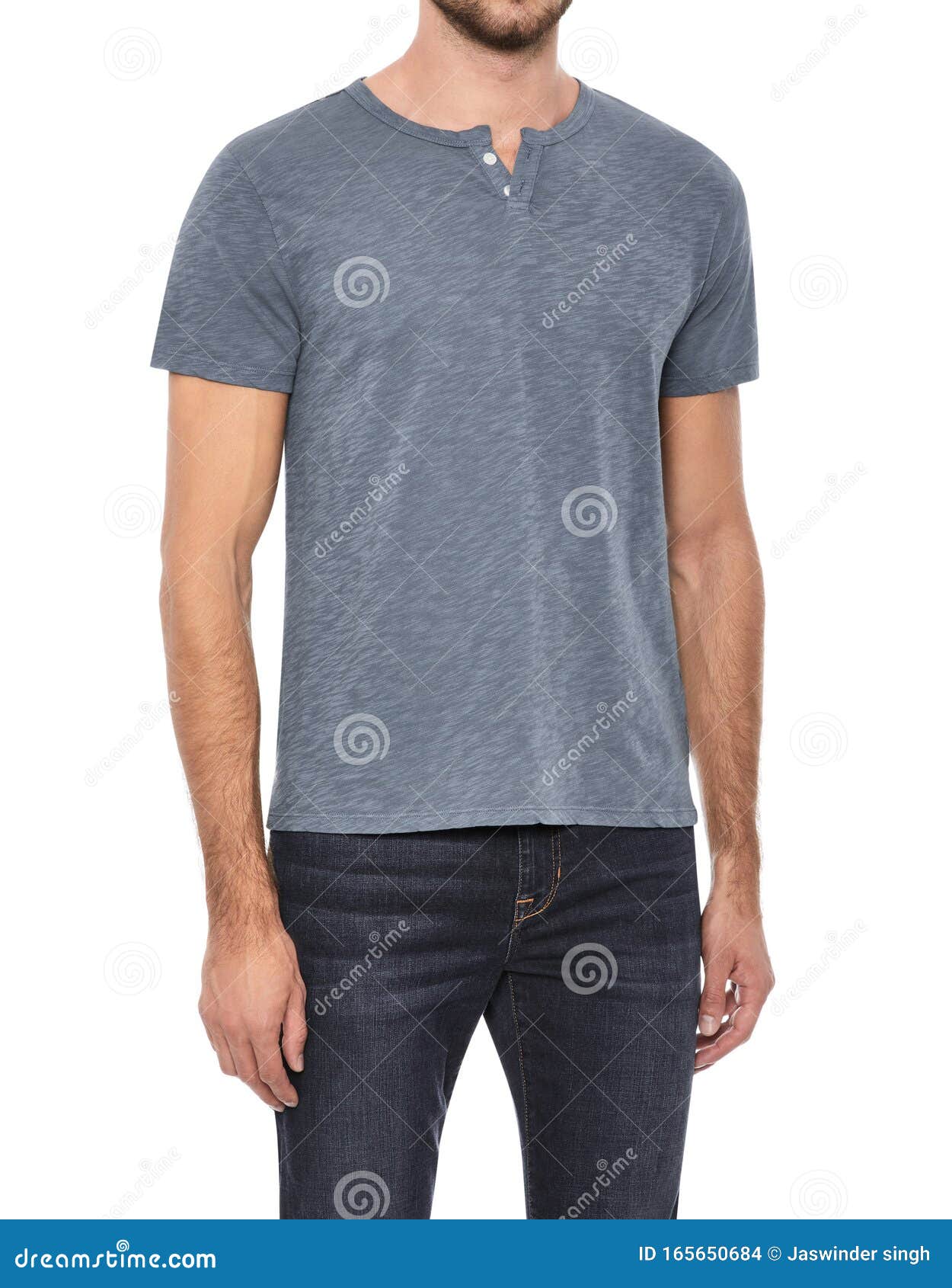 grey shirt with dark blue jeans