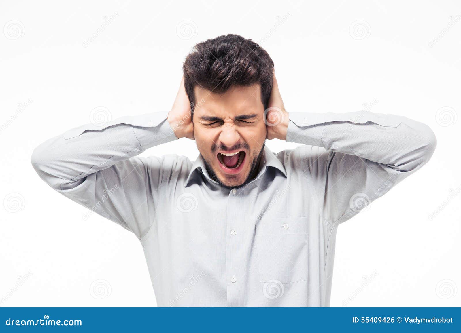 Casual Man Covering His Ears Stock Photo Image of portrait, annoyed