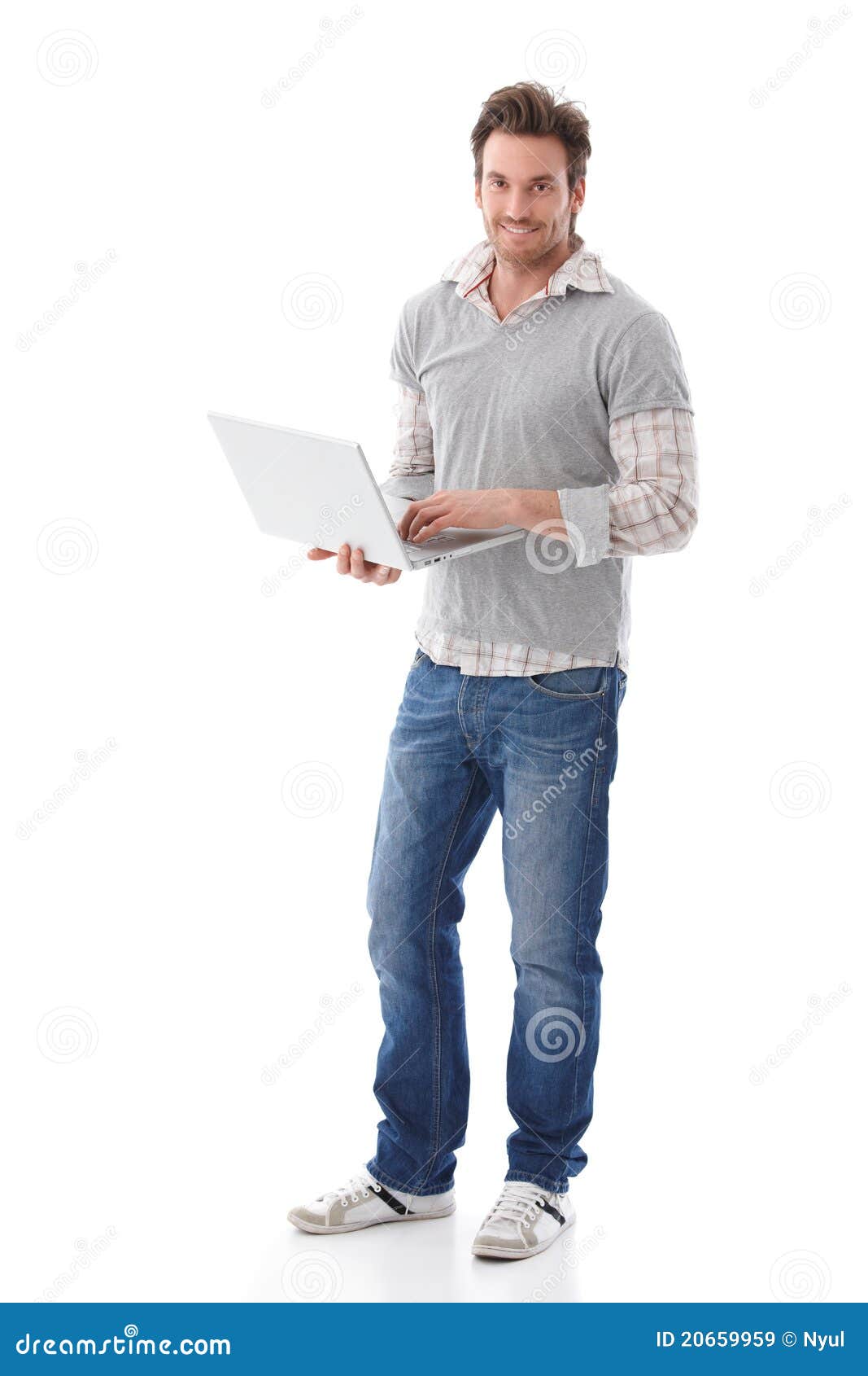 Casual Man Holding Laptop Smiling Stock Image - Image of american ...