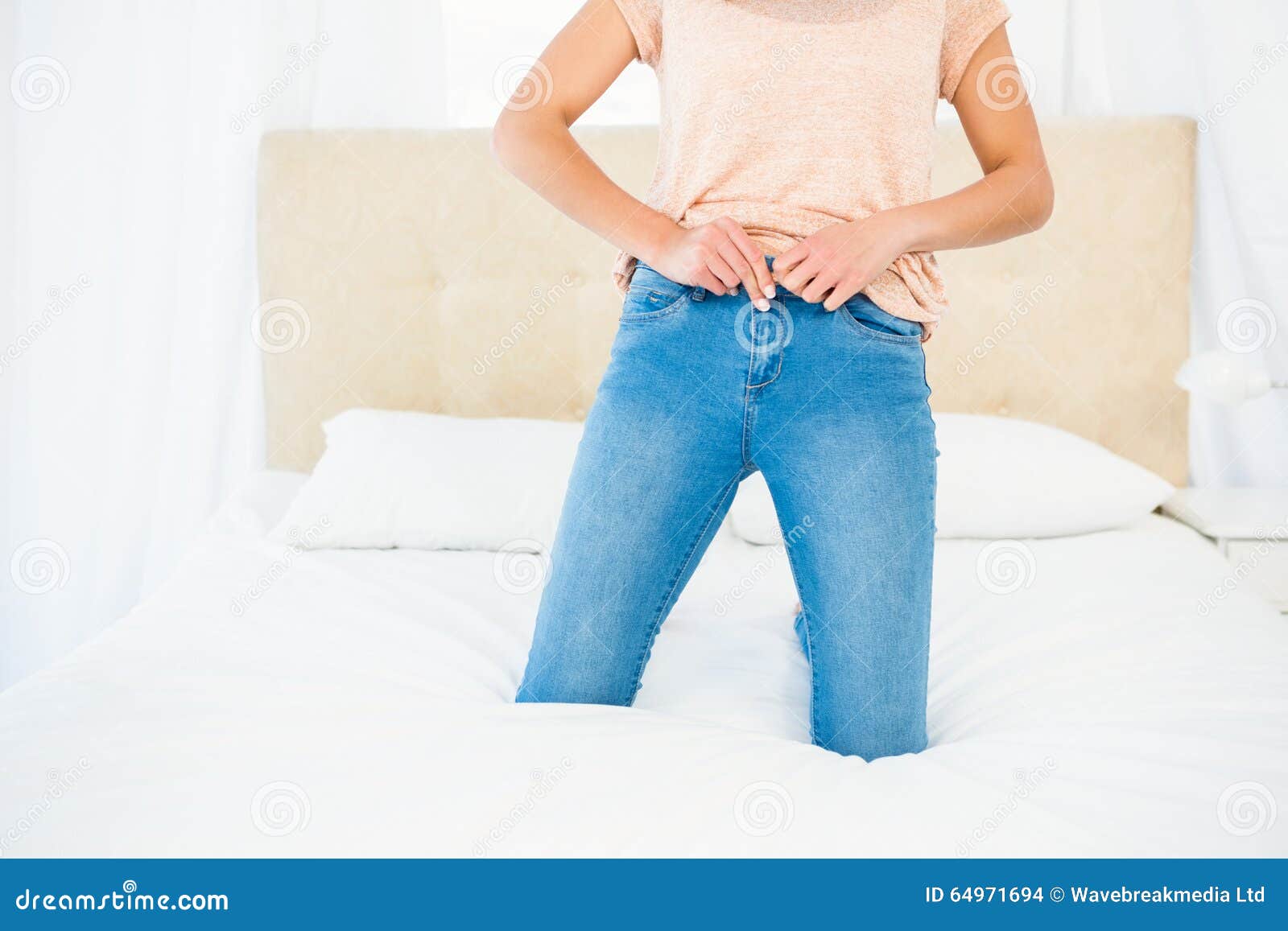 Casual Smiling Woman Trying To Close Her Jeans Stock Photo - Image of ...