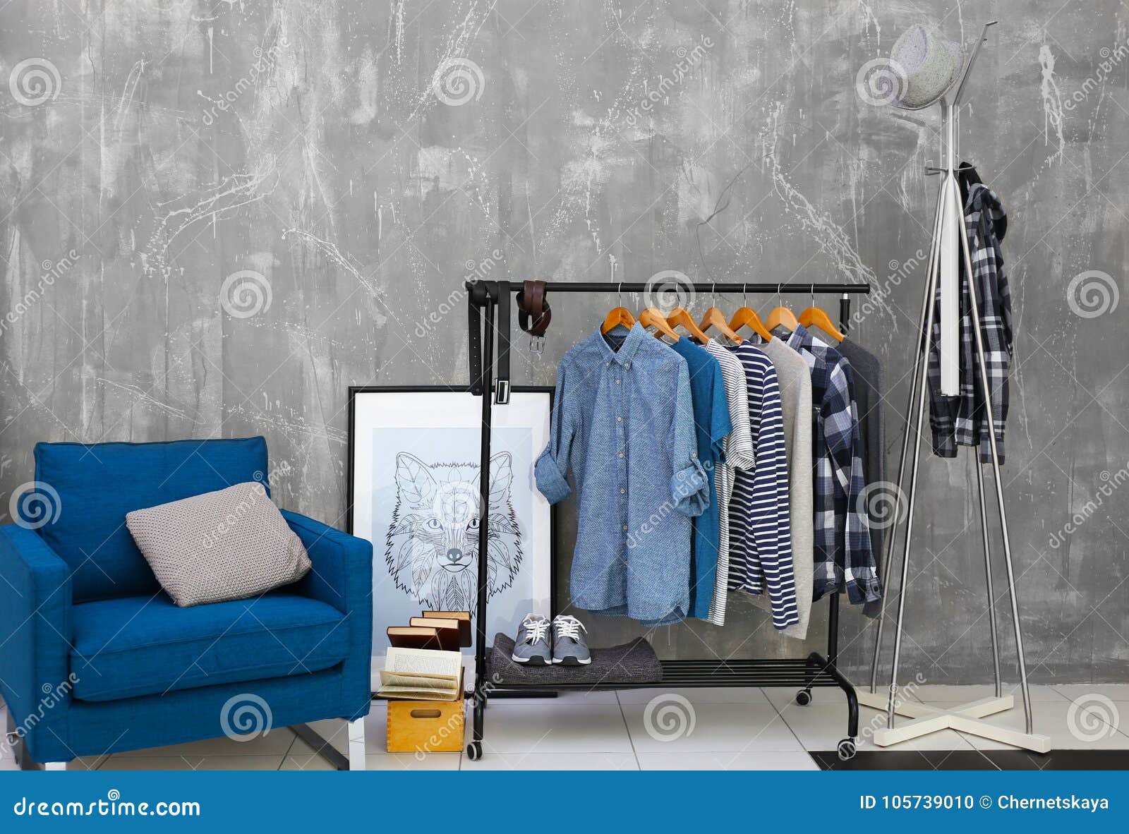 Casual Stylish Male Shirts on Hanger Stand Stock Photo - Image of room ...