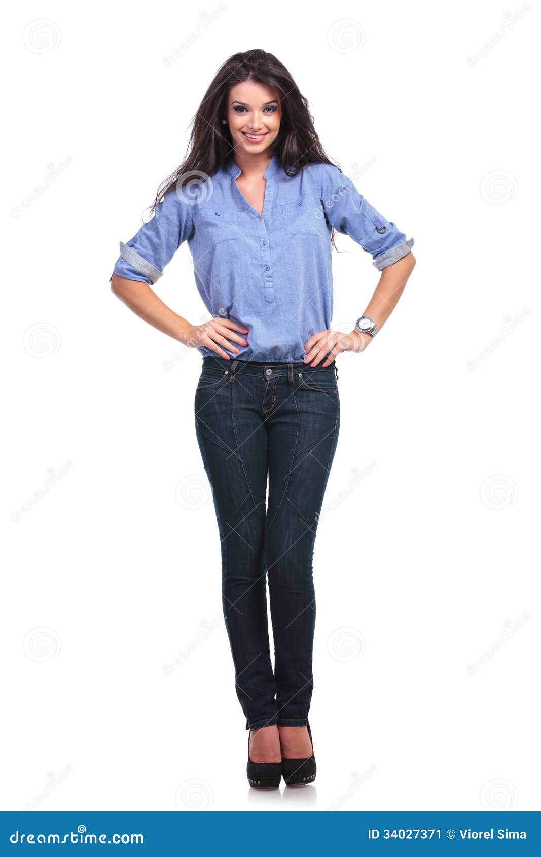 Casual Woman With Both Hands On Hips Stock Image - Image of blue