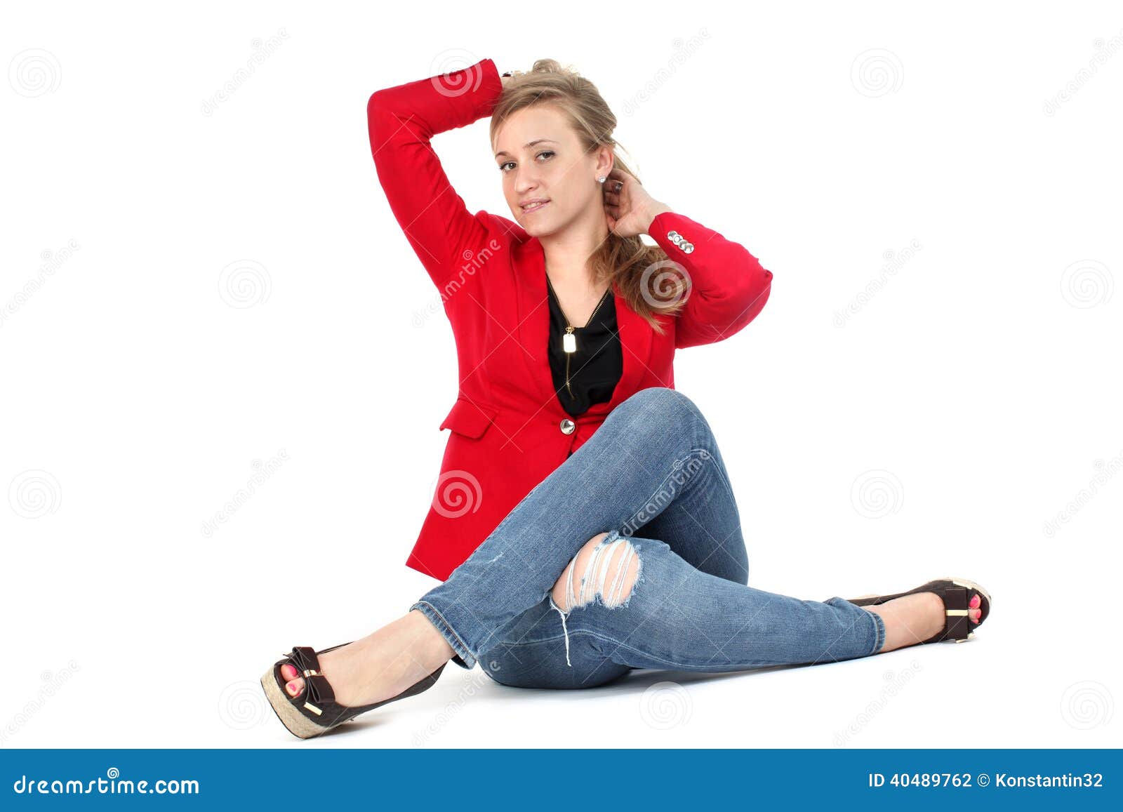 Casual Woman In Red Smiling Standing Stock Photo - Image of fullbody ...