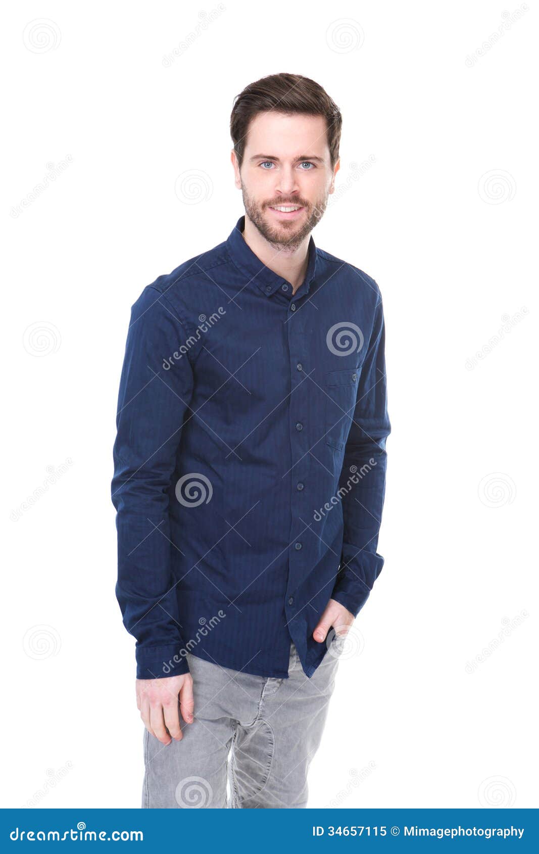 Casual Young Man with Blue Shirt Stock Image - Image of male, jeans ...